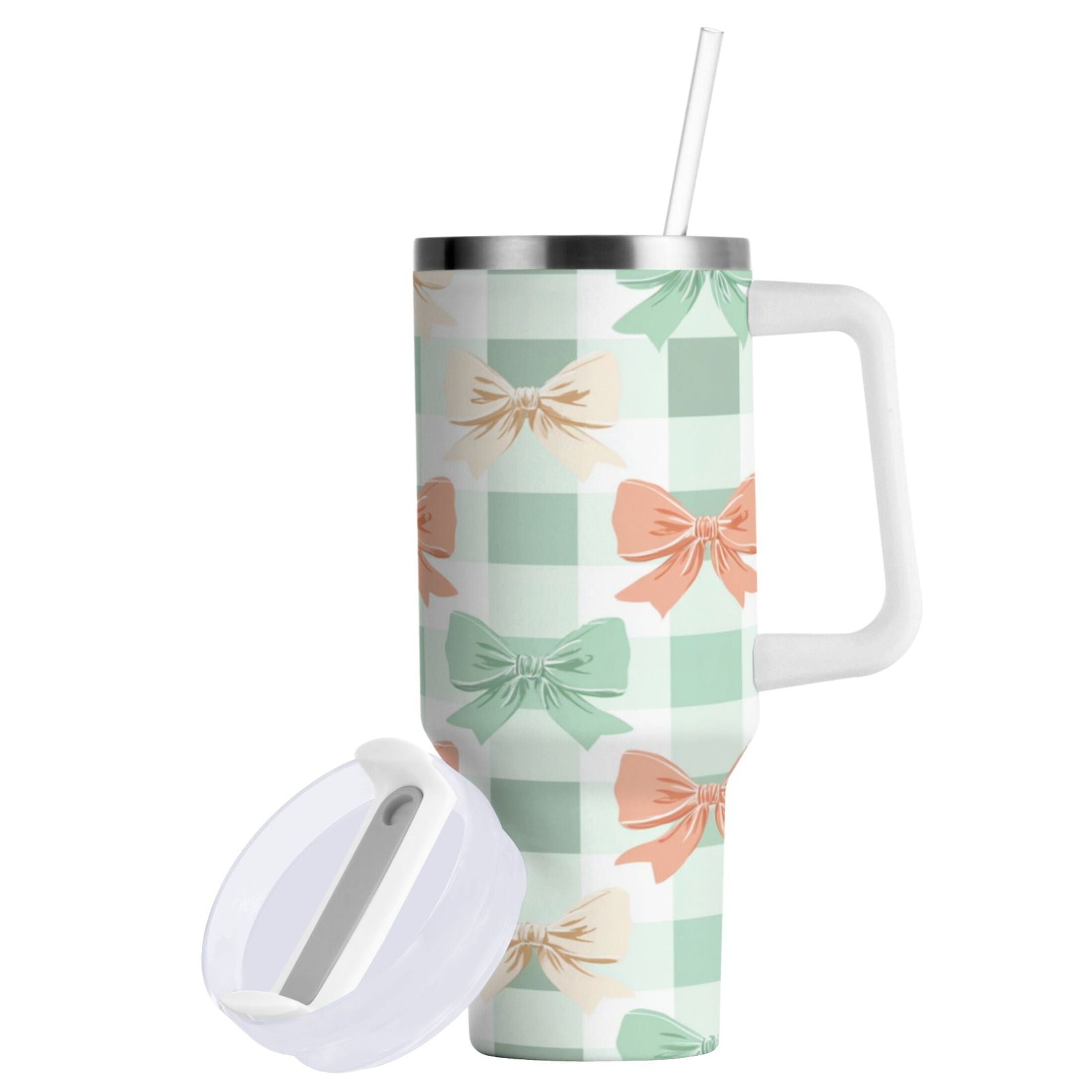 40 oz Insulated Stainless Steel Tumbler Double Wall Stainless Steel Tumbler with 2-Way Drinking Green and Peach Bow Pattern GQJO