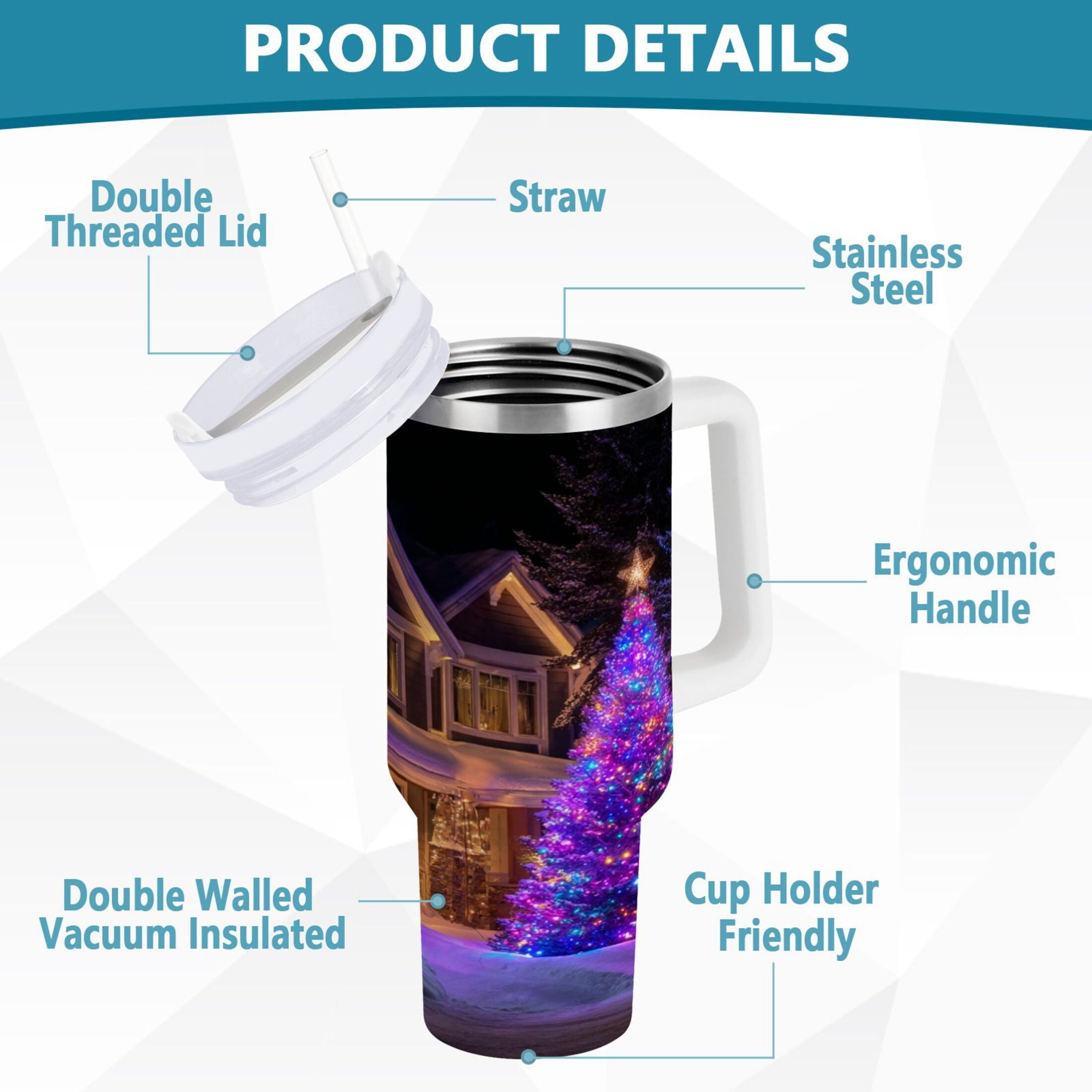 40 oz Insulated Stainless Steel Tumbler Double Wall Stainless Steel Tumbler with 2-Way Drinking Christmas Trees with Lights QEIK