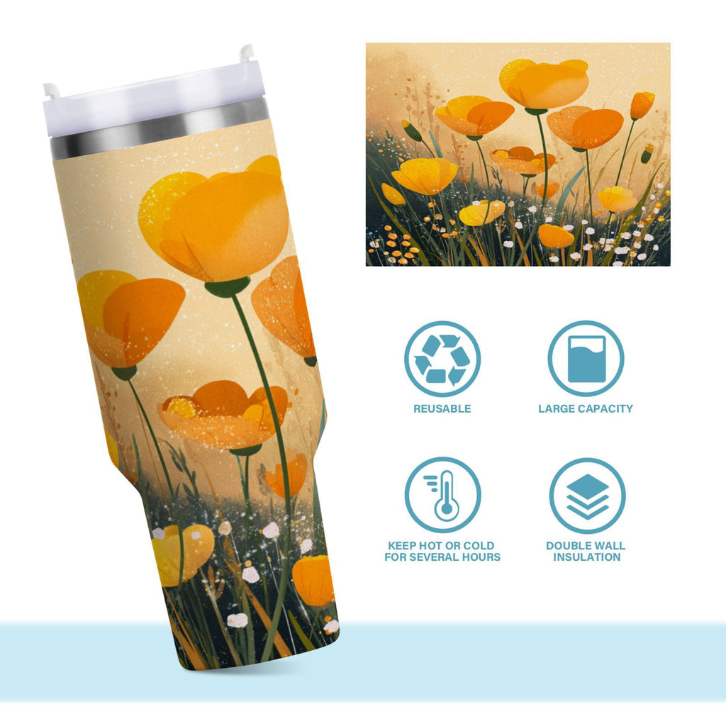 30 oz Insulated Stainless Steel Tumbler Double Wall Stainless Steel Tumbler with 2-Way Drinking Yellow Flowers on The Grass 3AFR