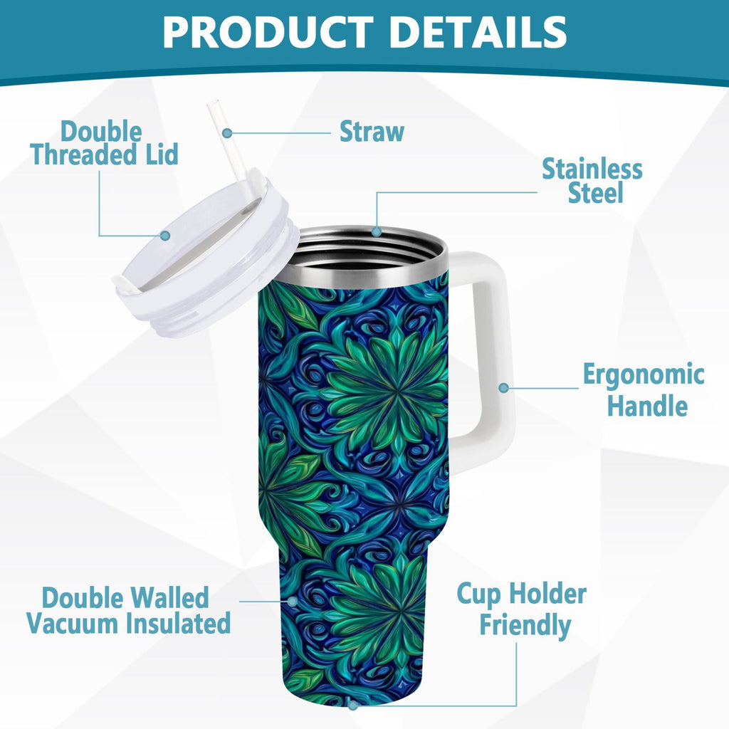 40 oz Insulated Stainless Steel Tumbler Double Wall Stainless Steel Tumbler with 2-Way Drinking Elegant Blue Traditional Patterns 7DF5