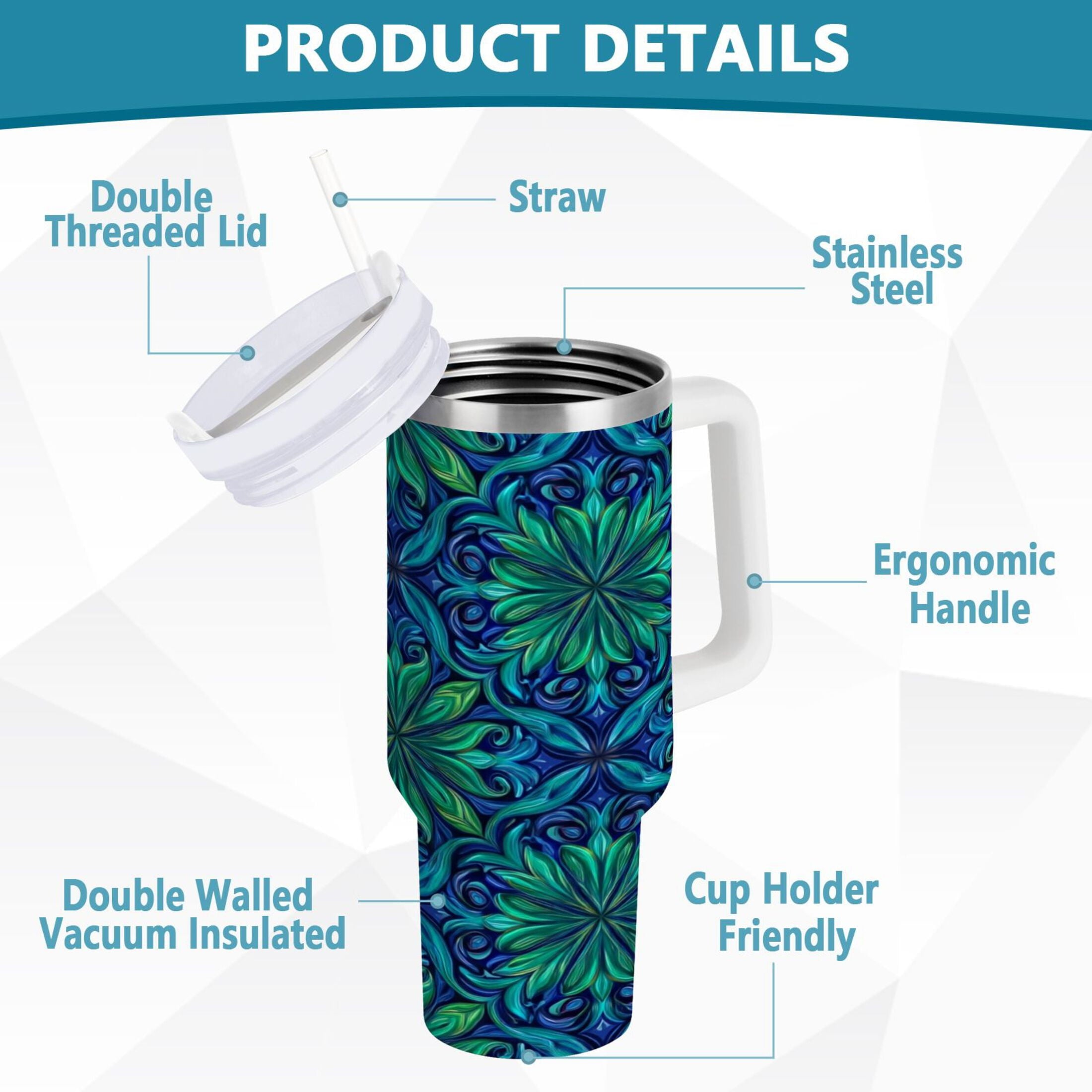 40 oz Insulated Stainless Steel Tumbler Double Wall Stainless Steel Tumbler with 2-Way Drinking Elegant Blue Traditional Patterns 7DF5