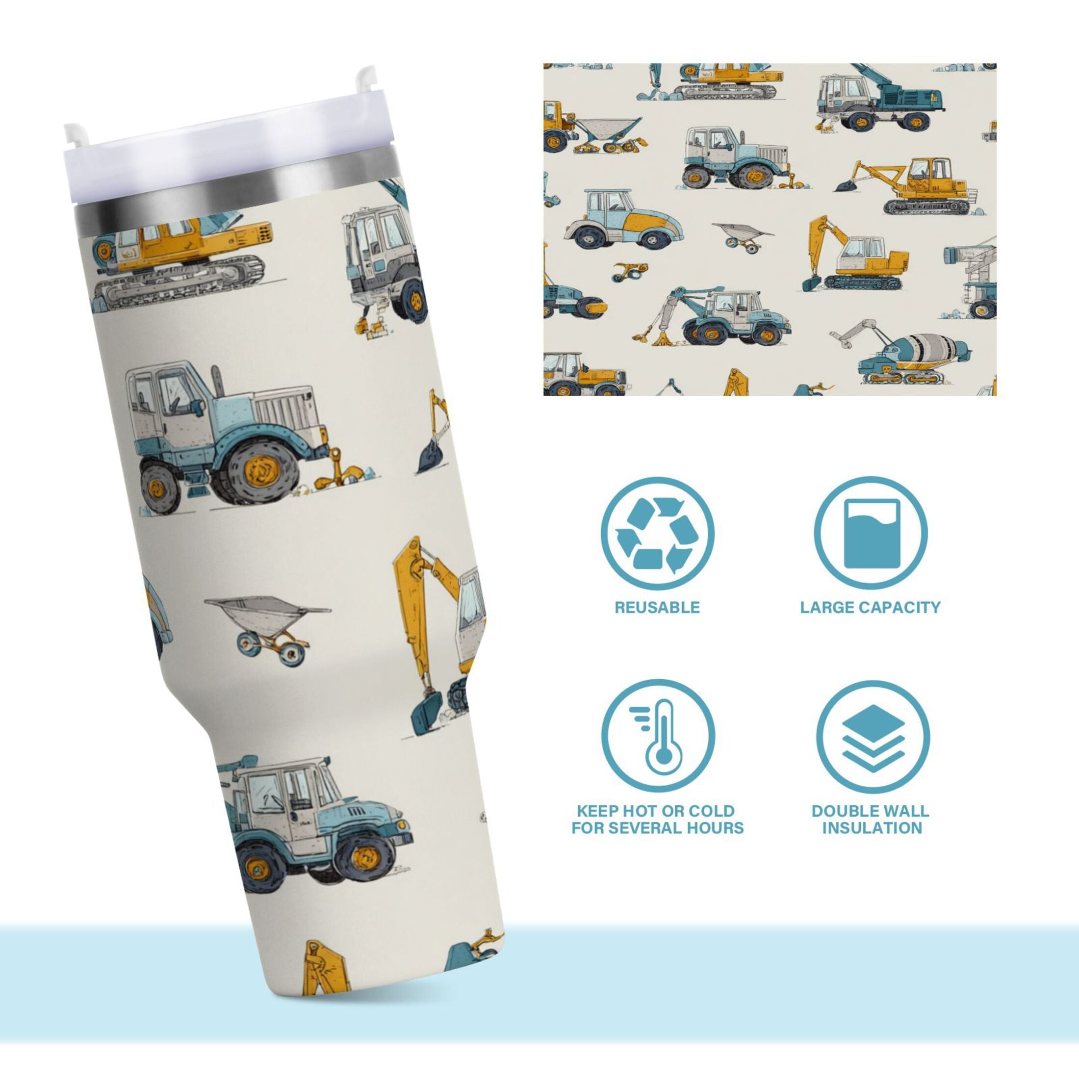 30 oz Insulated Stainless Steel Tumbler Double Wall Stainless Steel Tumbler with 2-Way Drinking Engineering Vehicle Pattern Q6S6