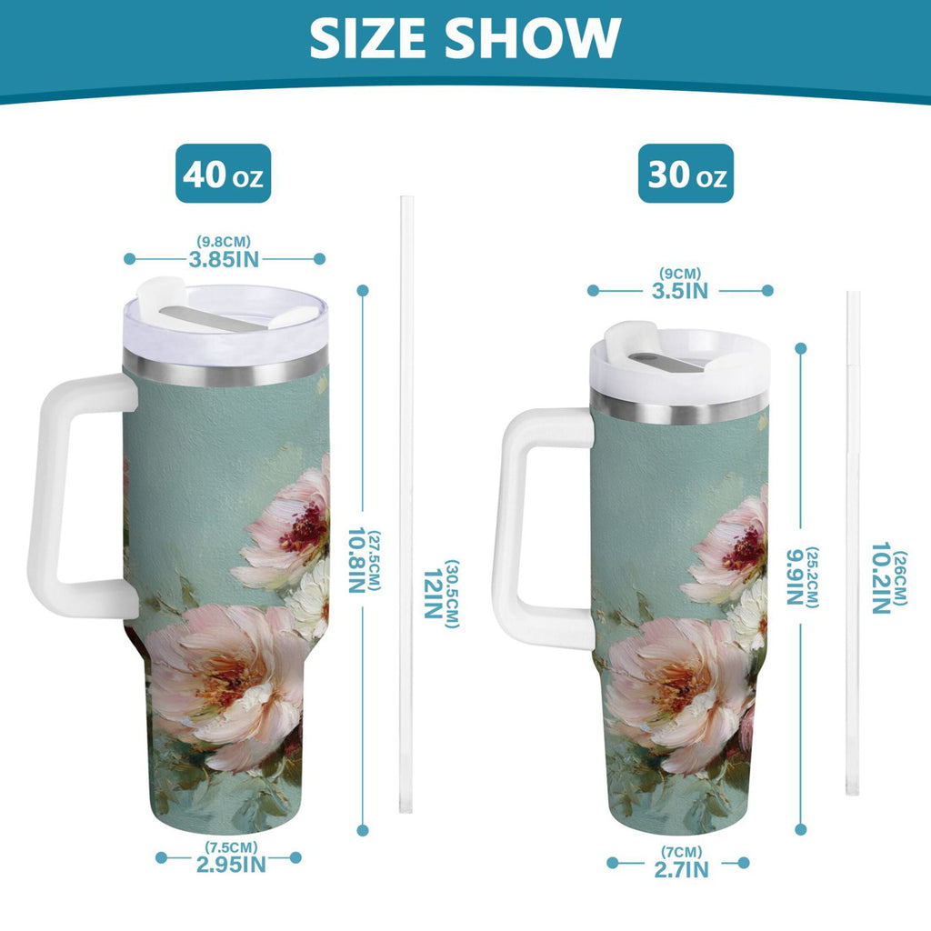 40 oz Insulated Stainless Steel Tumbler Double Wall Stainless Steel Tumbler with 2-Way Drinking Vintage Peonies and Daisies WT8H