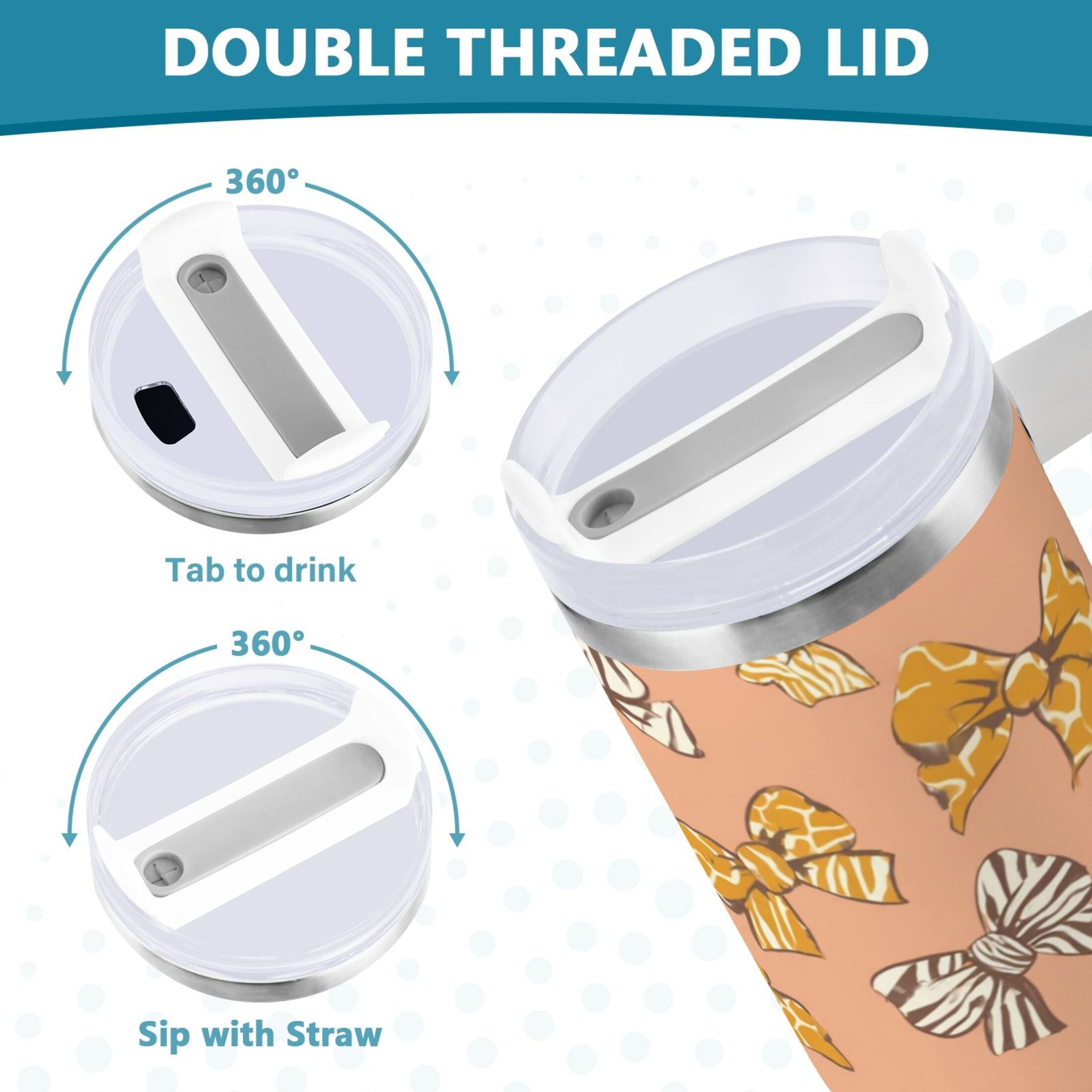 40 oz Insulated Stainless Steel Tumbler Double Wall Stainless Steel Tumbler with 2-Way Drinking Cute Animal Print Bows BOBH