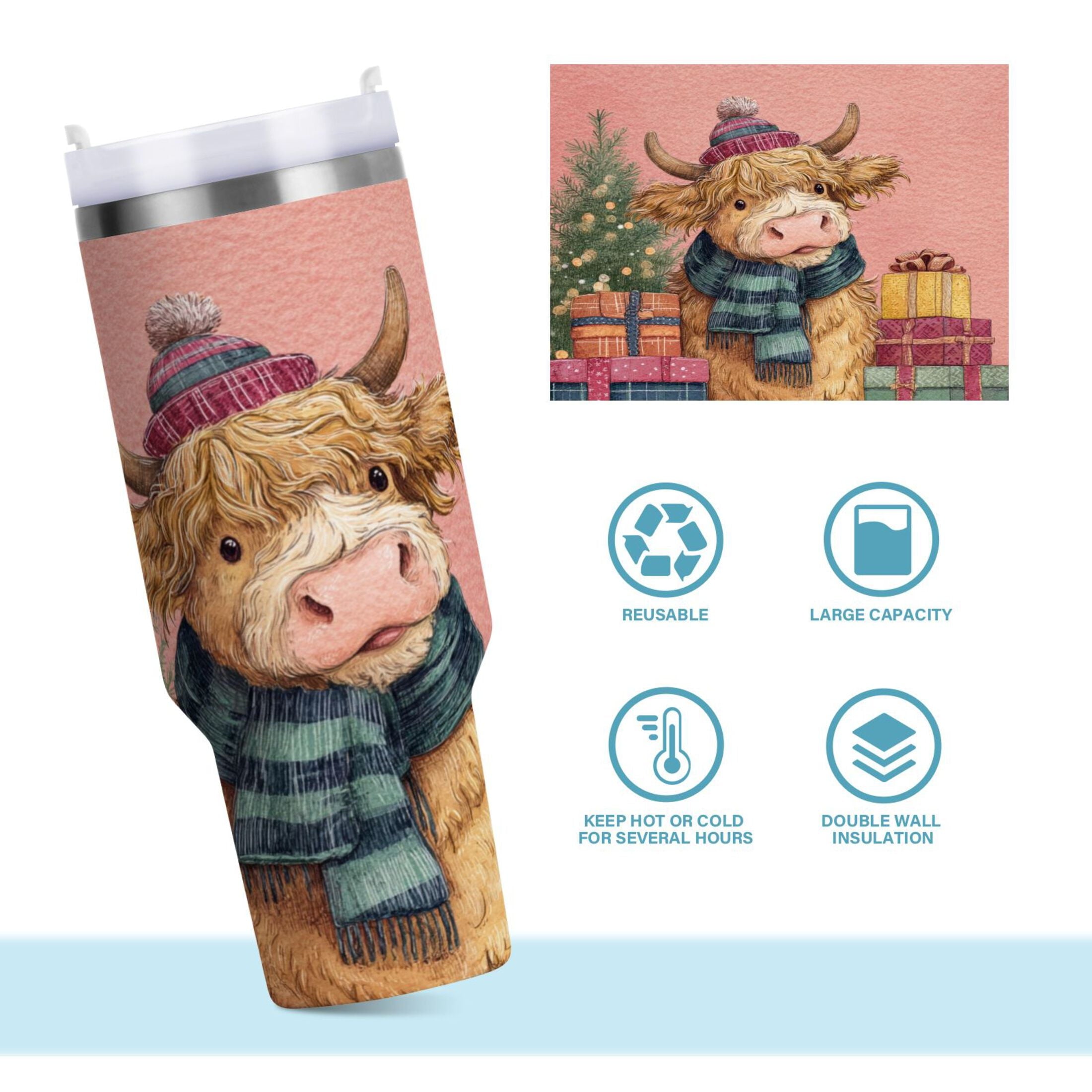 30 oz Insulated Stainless Steel Tumbler Double Wall Stainless Steel Tumbler with 2-Way Drinking Cow Wearing Scarf and Hat EA6T