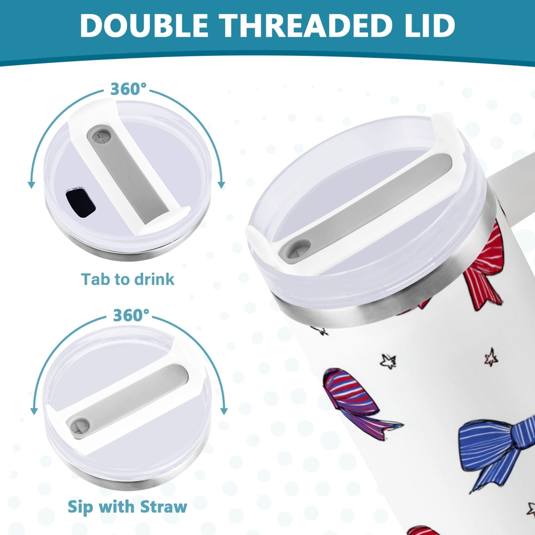 30 oz Insulated Stainless Steel Tumbler Double Wall Stainless Steel Tumbler with 2-Way Drinking Red and Blue Stripe Bows F3BC