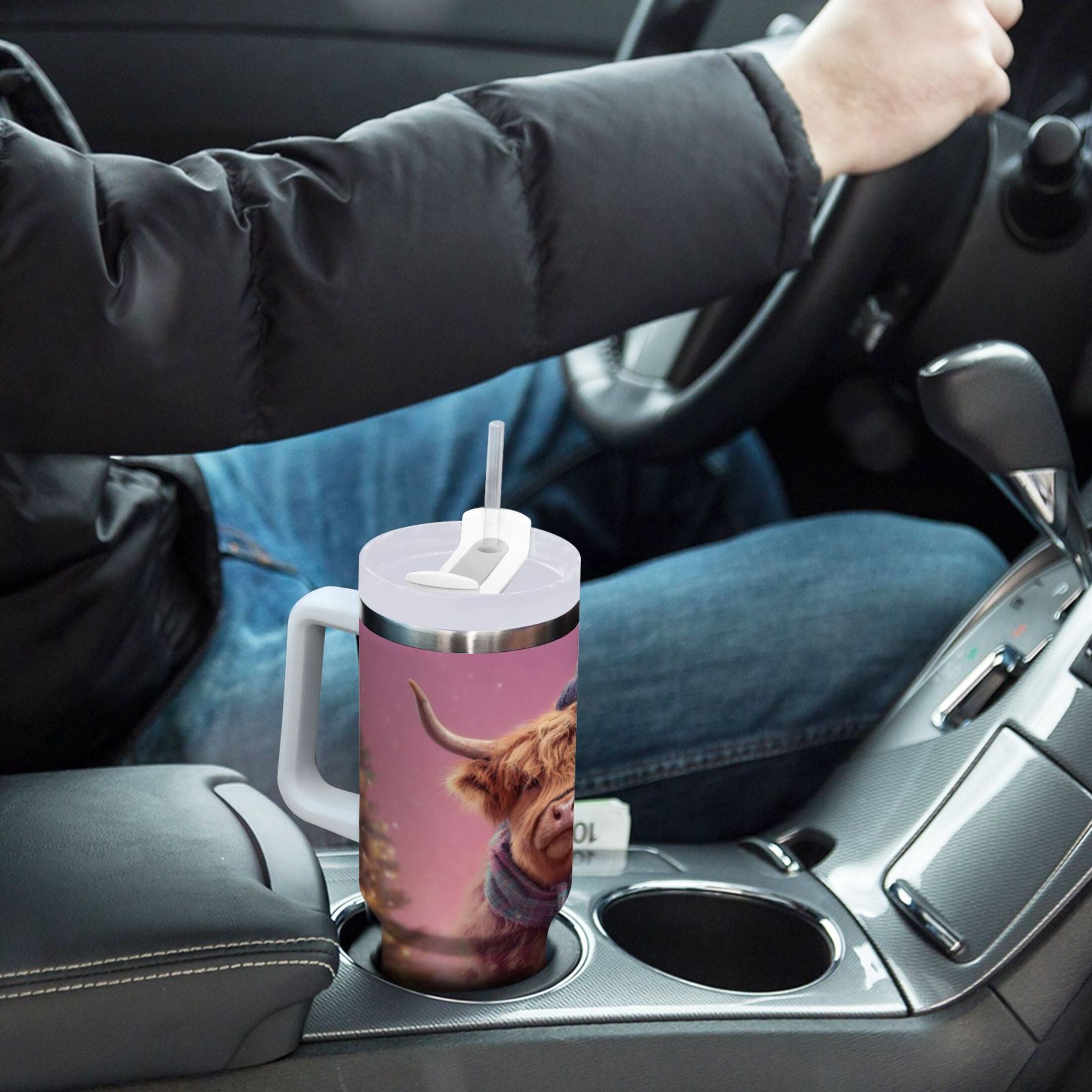 30 oz Insulated Stainless Steel Tumbler Double Wall Stainless Steel Tumbler with 2-Way Drinking Cow Wearing Christmas DVB9