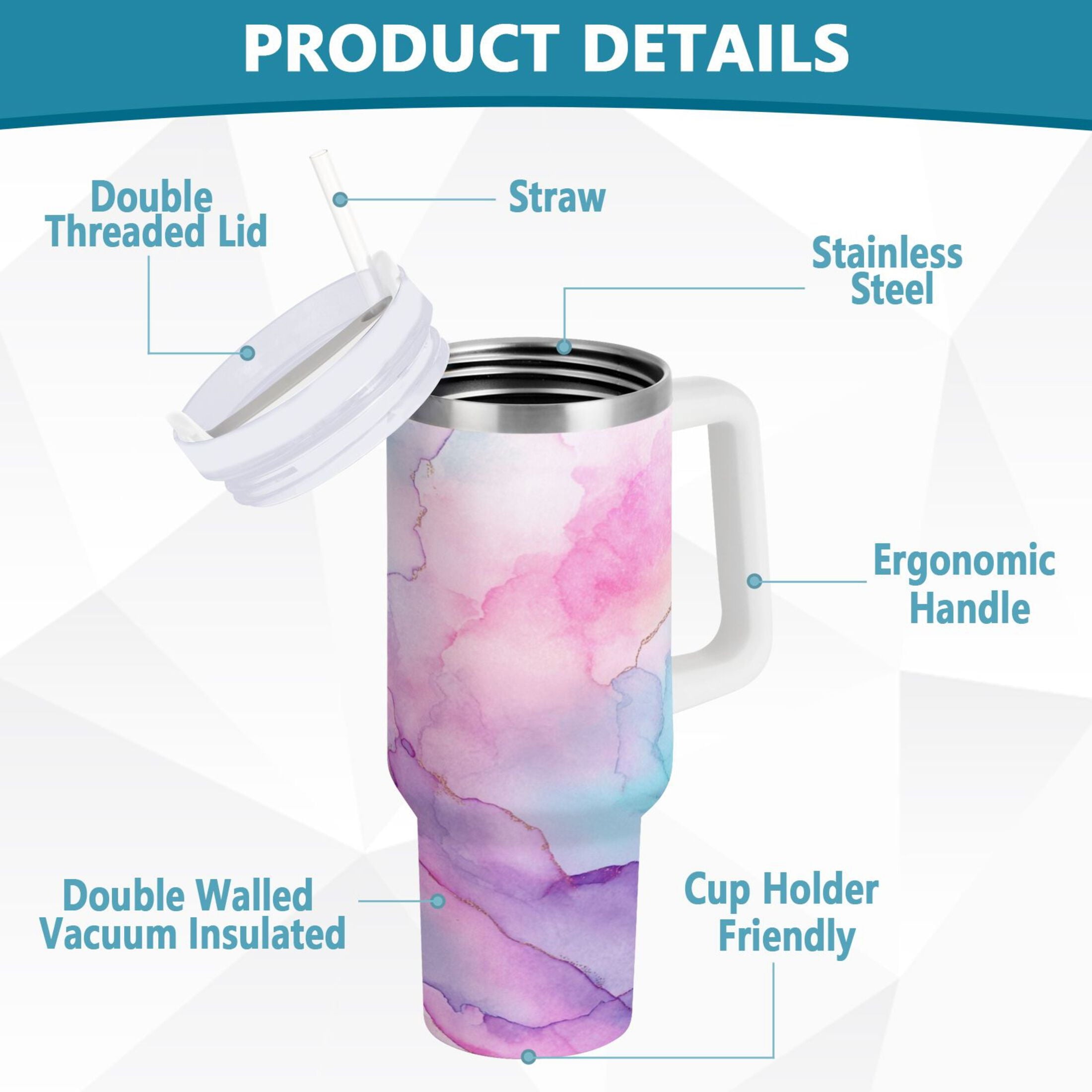 30 oz Insulated Stainless Steel Tumbler Double Wall Stainless Steel Tumbler with 2-Way Drinking Pastel Pink Marble Texture HZMC