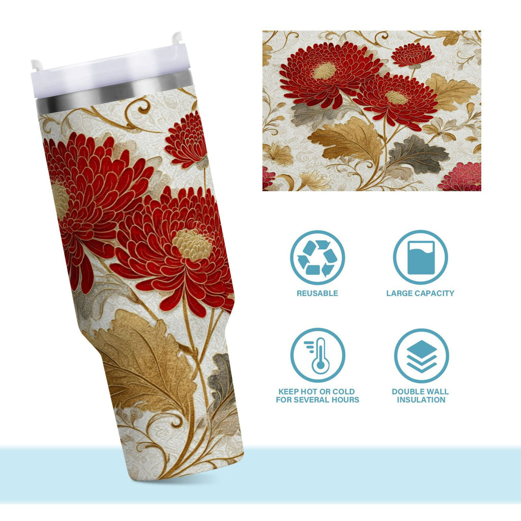 30 oz Insulated Stainless Steel Tumbler Double Wall Stainless Steel Tumbler with 2-Way Drinking Red Chrysanthemum Pattern 77N7