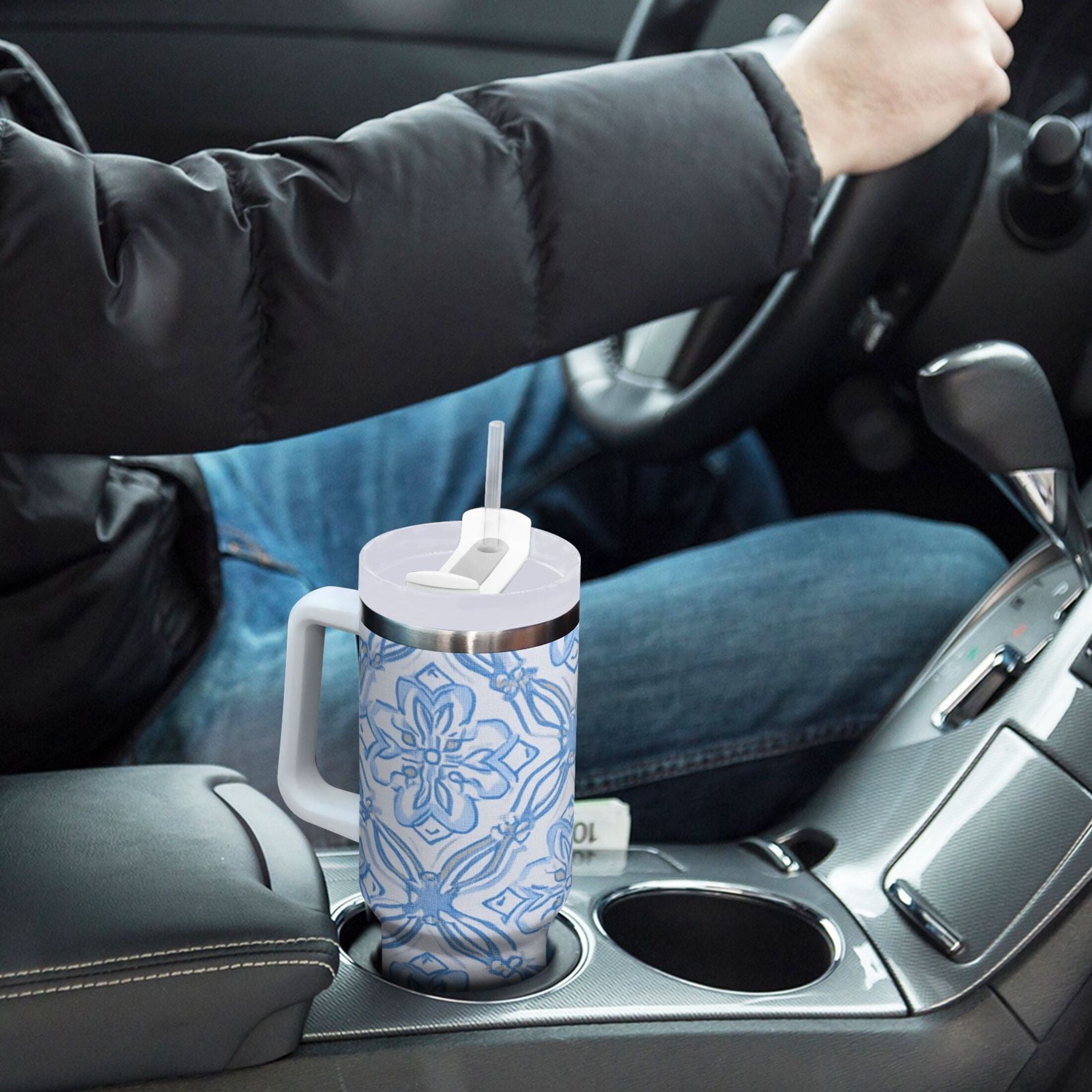 30 oz Insulated Stainless Steel Tumbler Double Wall Stainless Steel Tumbler with 2-Way Drinking Blue Elegant Geometric Design TOLQ
