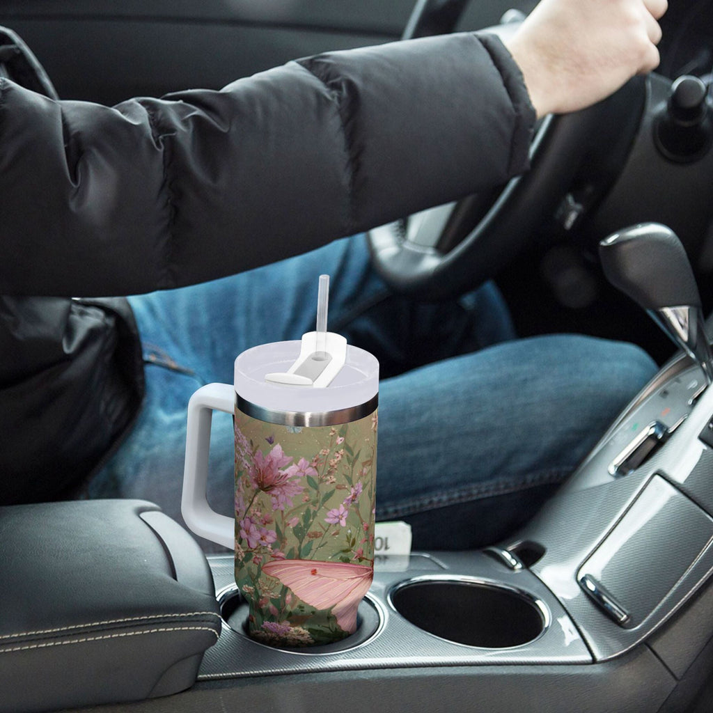 30 oz Insulated Stainless Steel Tumbler Double Wall Stainless Steel Tumbler with 2-Way Drinking Delicate Butterfly EVT1