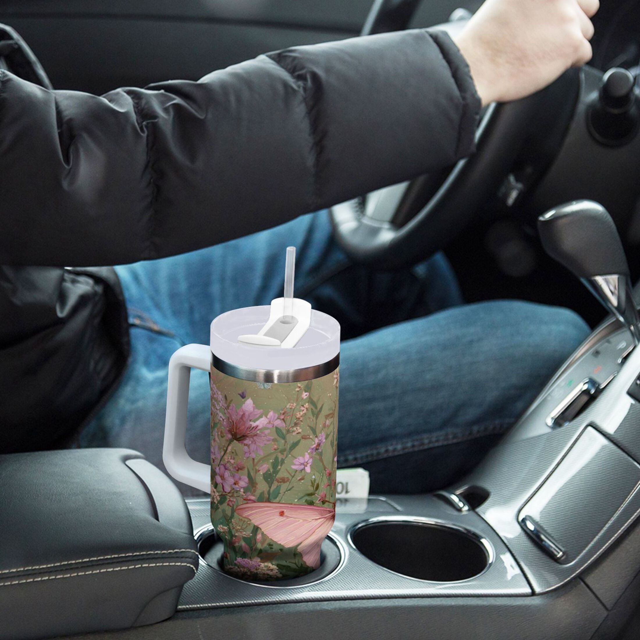 30 oz Insulated Stainless Steel Tumbler Double Wall Stainless Steel Tumbler with 2-Way Drinking Delicate Butterfly EVT1