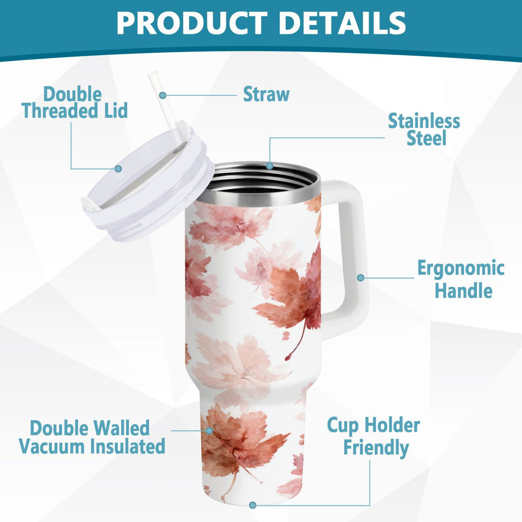 30 oz Insulated Stainless Steel Tumbler Double Wall Stainless Steel Tumbler with 2-Way Drinking Watercolor Pink Maple Leaves 9R33
