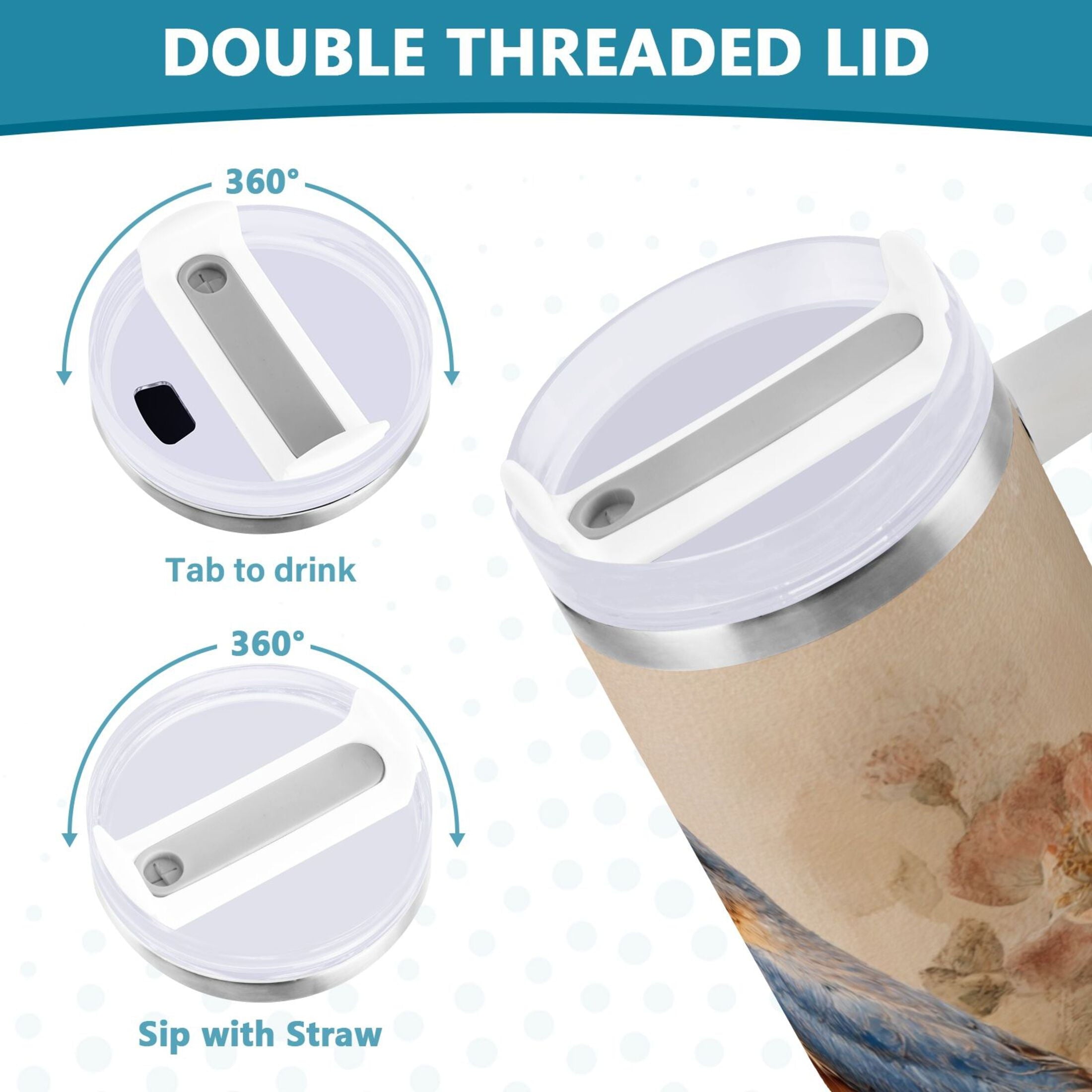 40 oz Insulated Stainless Steel Tumbler Double Wall Stainless Steel Tumbler with 2-Way Drinking Bluebird and Ancient Flowers R84G