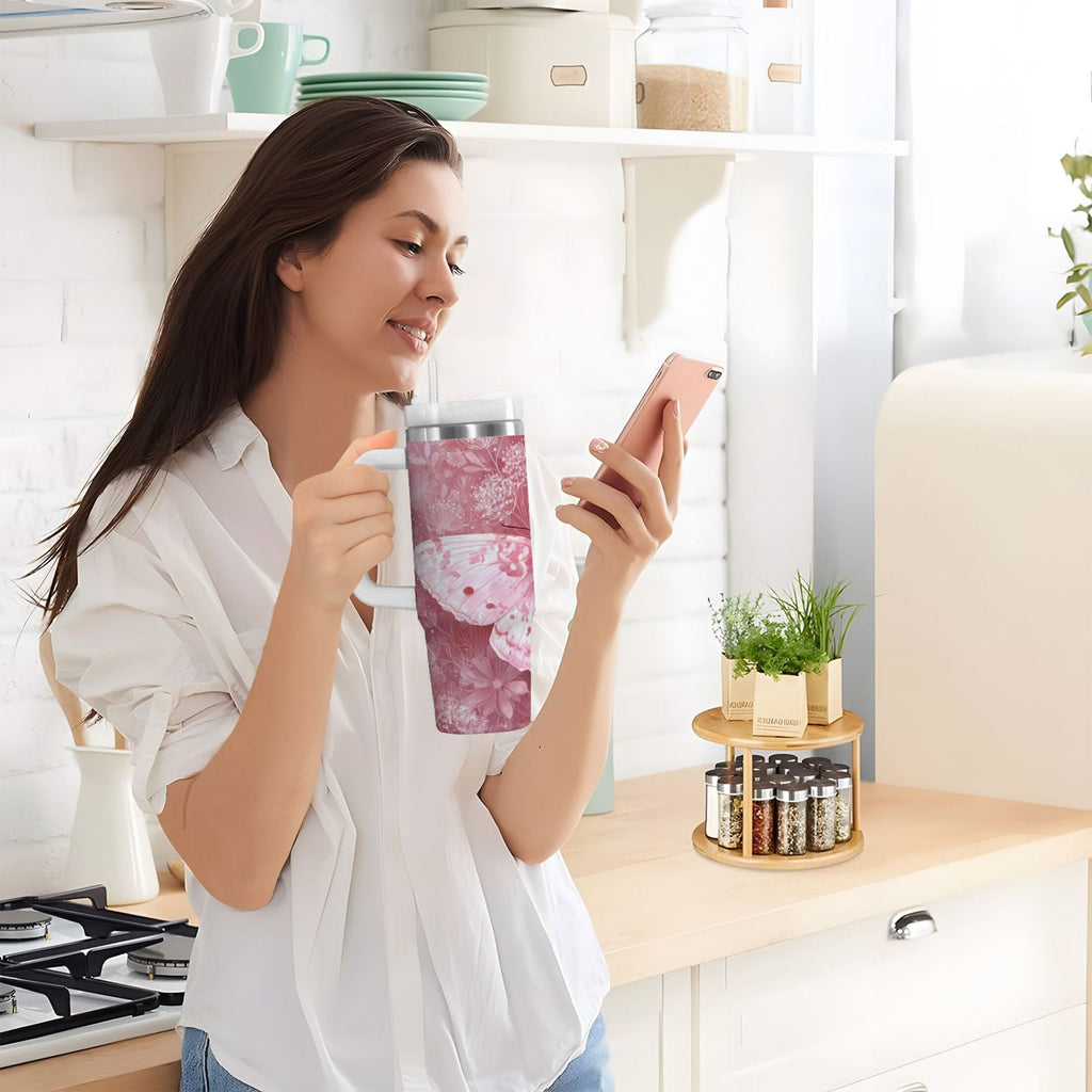 30 oz Insulated Stainless Steel Tumbler Double Wall Stainless Steel Tumbler with 2-Way Drinking Soft Pink Butterfly YX8K