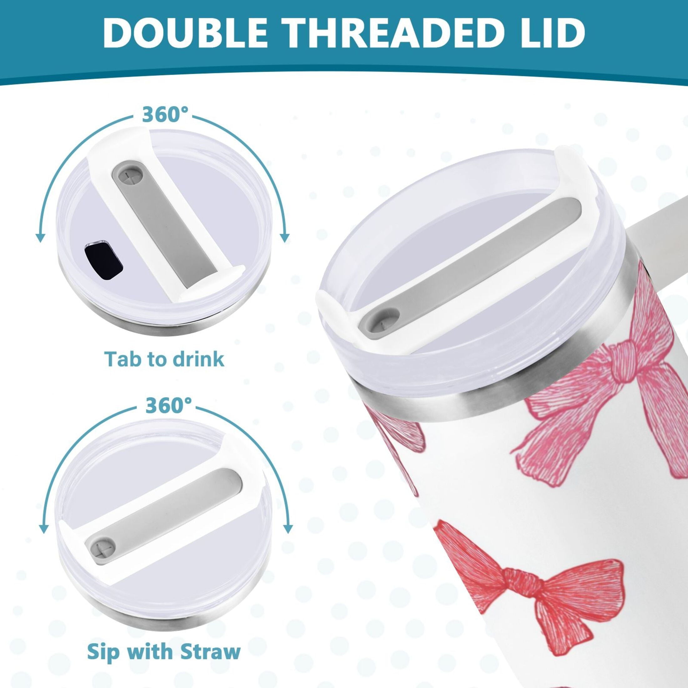 40 oz Insulated Stainless Steel Tumbler Double Wall Stainless Steel Tumbler with 2-Way Drinking Pink Bows Pattern ZVTD