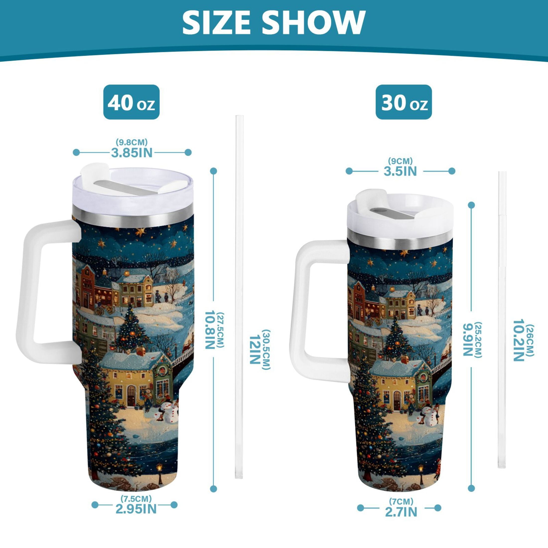 30 oz Insulated Stainless Steel Tumbler Double Wall Stainless Steel Tumbler with 2-Way Drinking Whimsical Christmas Scene MB59
