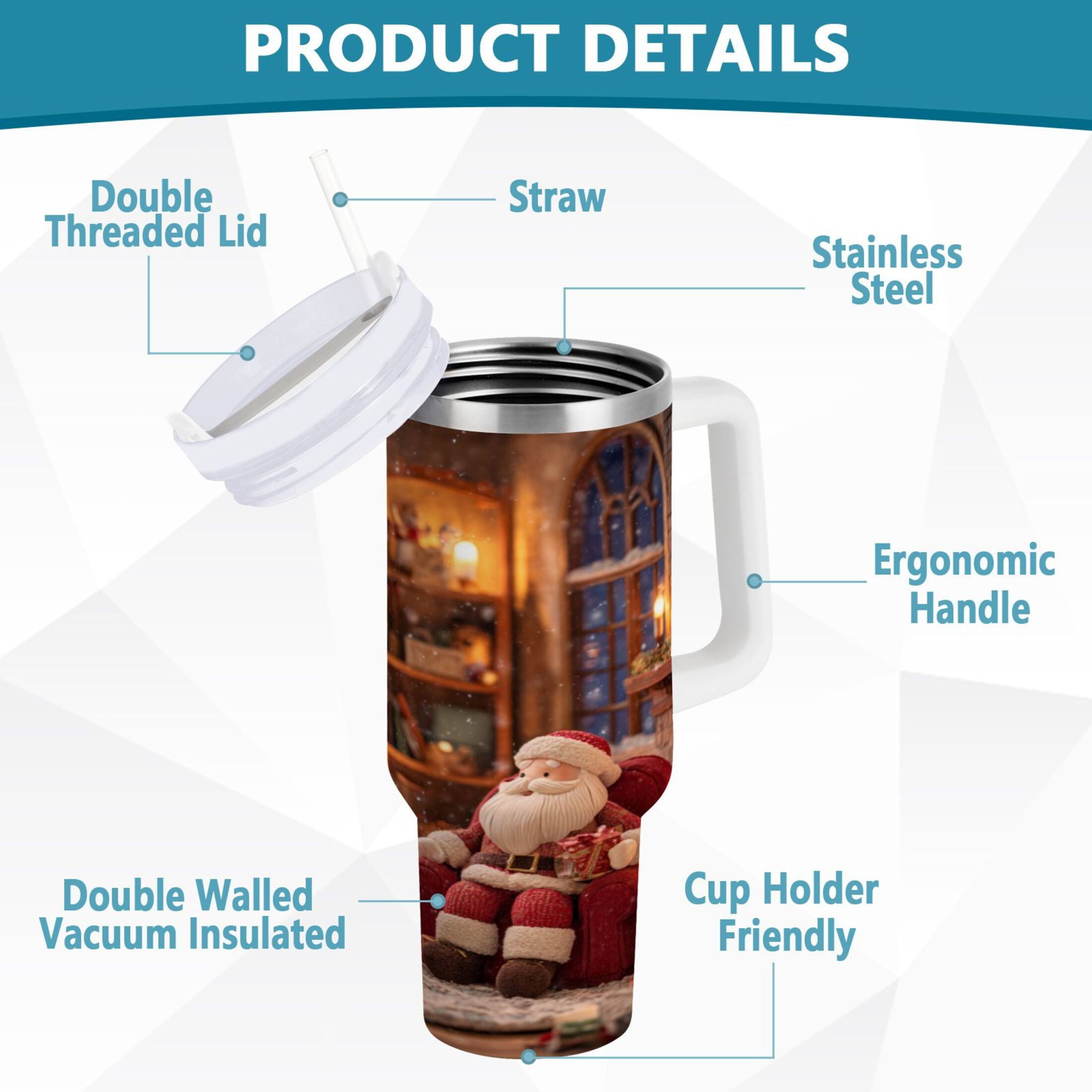 40 oz Insulated Stainless Steel Tumbler Double Wall Stainless Steel Tumbler with 2-Way Drinking Sitting Santa Claus KDW3
