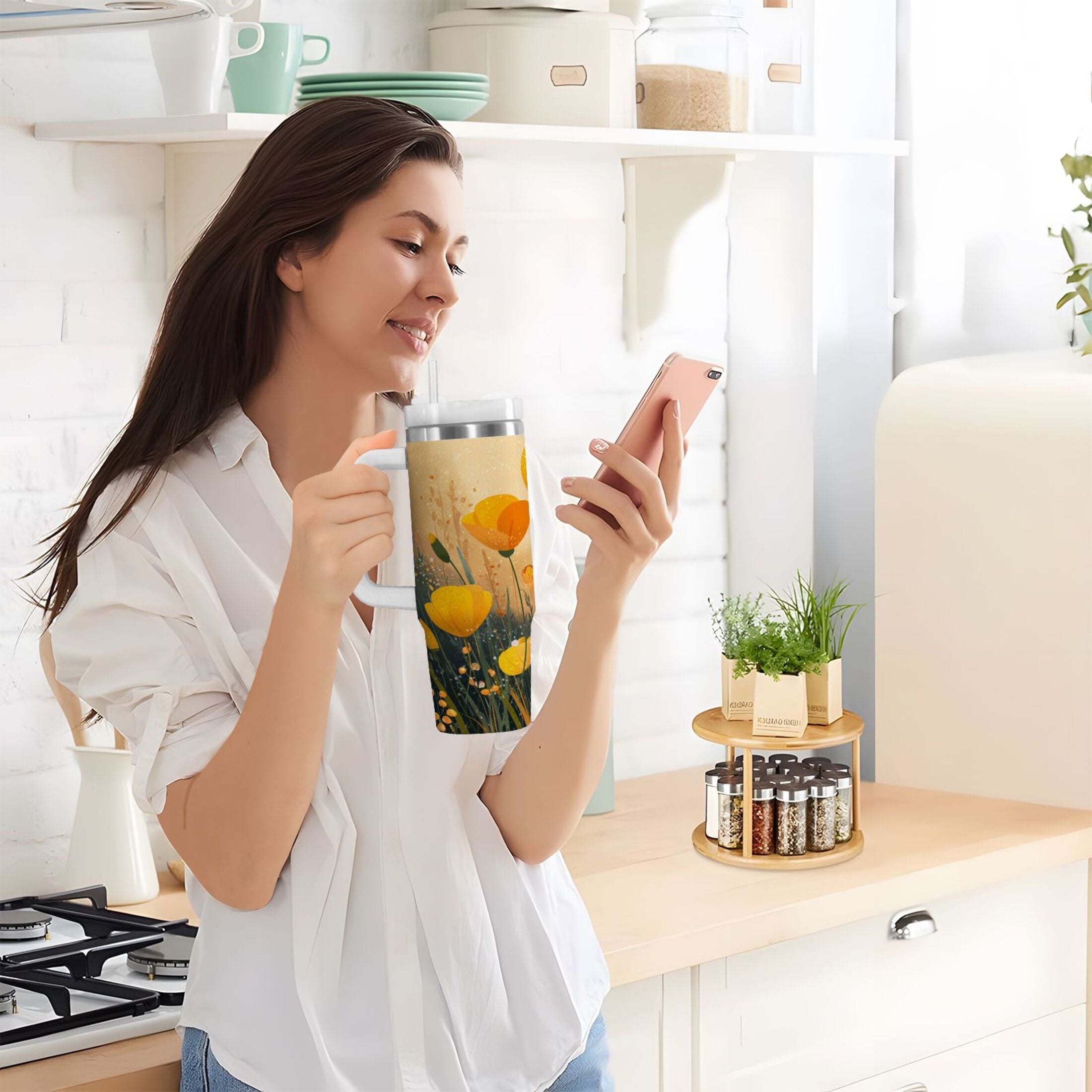30 oz Insulated Stainless Steel Tumbler Double Wall Stainless Steel Tumbler with 2-Way Drinking Yellow Flowers on The Grass 3AFR