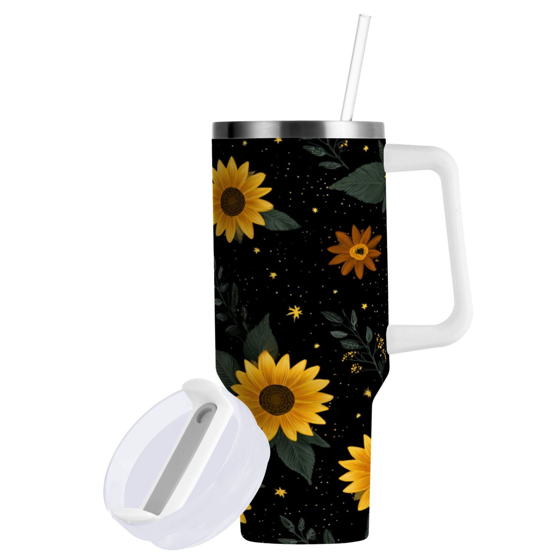 30 oz Insulated Stainless Steel Tumbler Double Wall Stainless Steel Tumbler with 2-Way Drinking Yellow Sunflower Pattern CKD8