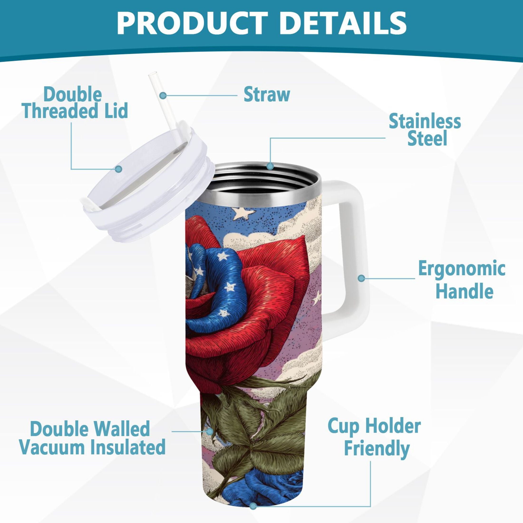 40 oz Insulated Stainless Steel Tumbler Double Wall Stainless Steel Tumbler with 2-Way Drinking Roses and Clouds TPIW