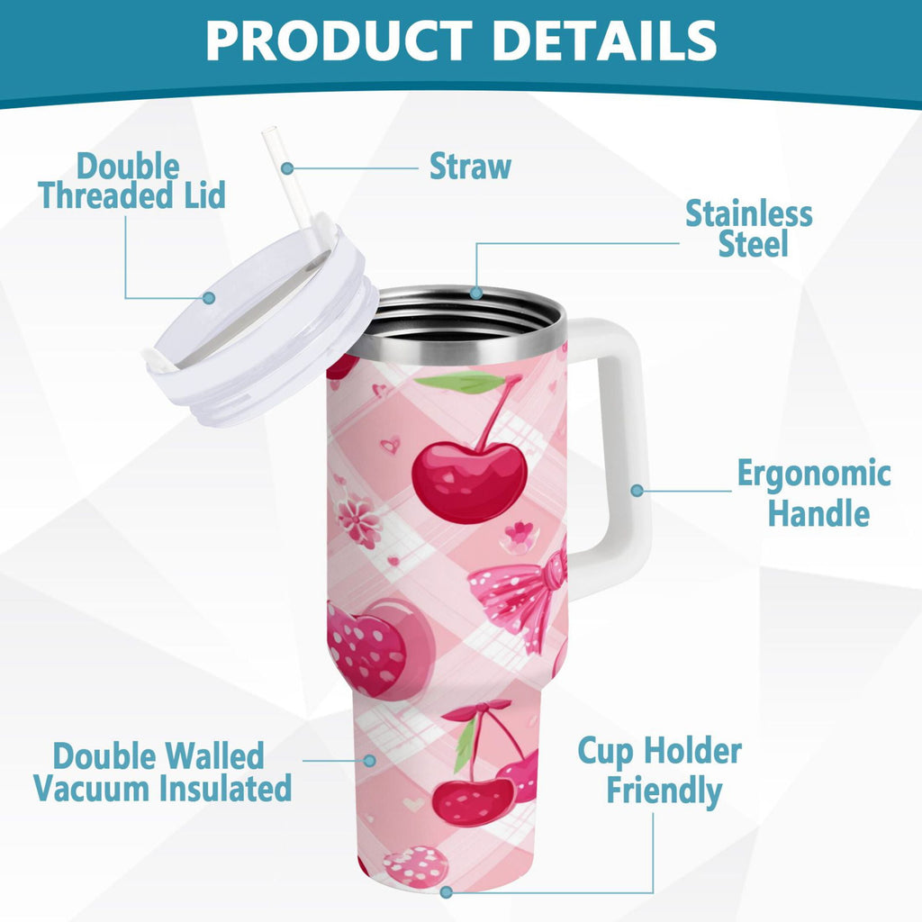 30 oz Insulated Stainless Steel Tumbler Double Wall Stainless Steel Tumbler with 2-Way Drinking Cherry and Pink Bow Pattern 25W8