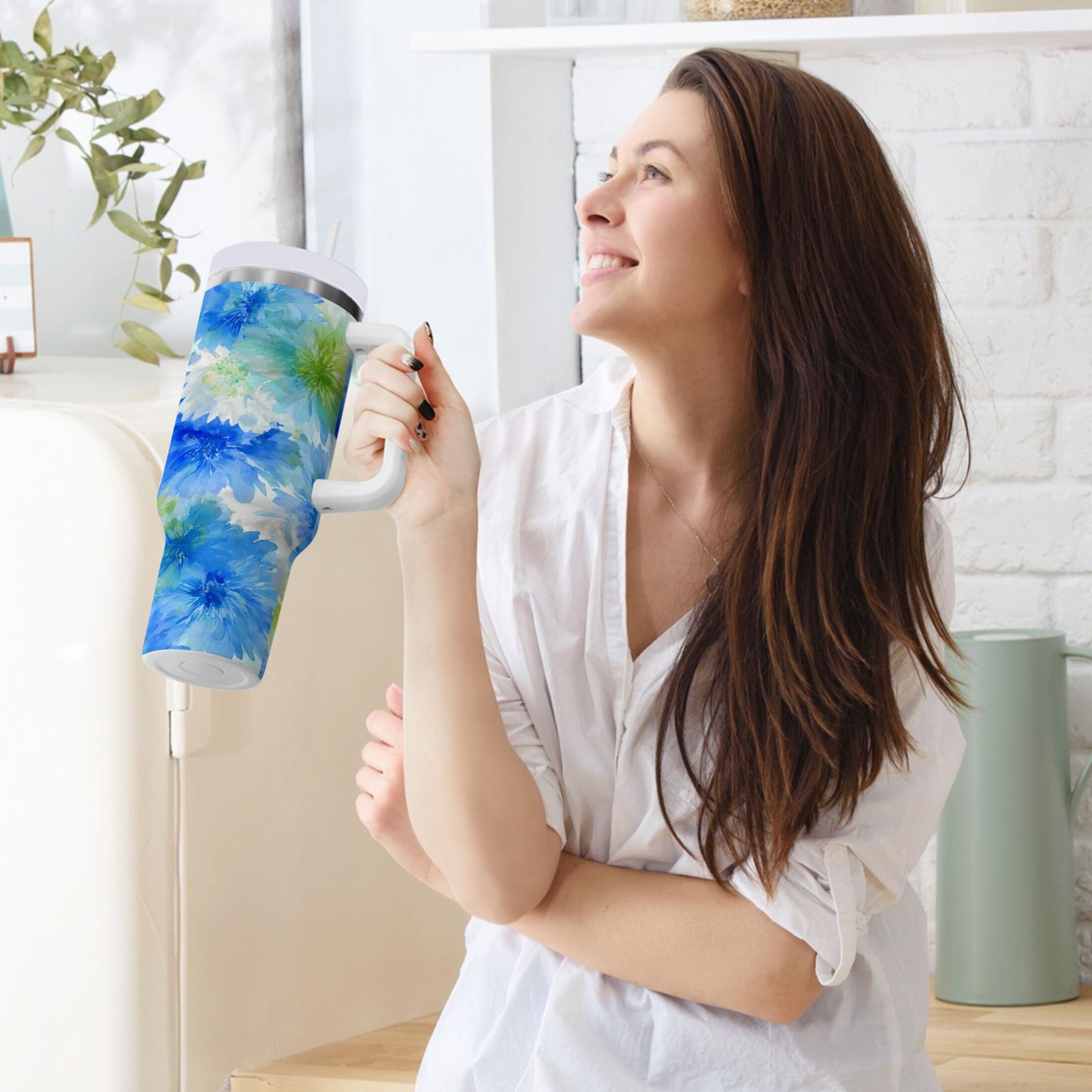 40 oz Insulated Stainless Steel Tumbler Double Wall Stainless Steel Tumbler with 2-Way Drinking Watercolor Blue Cornflowers T6OD