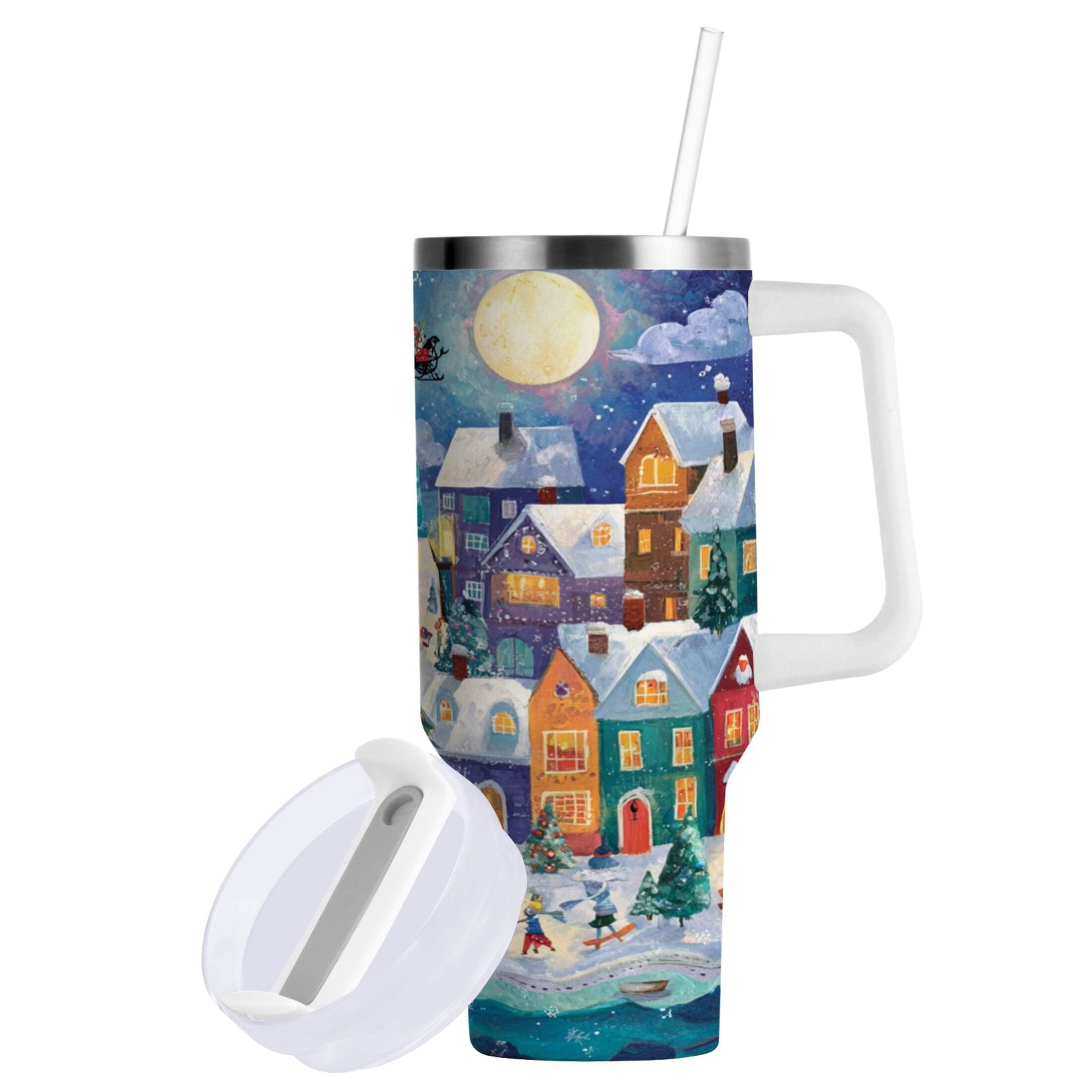 30 oz Insulated Stainless Steel Tumbler Double Wall Stainless Steel Tumbler with 2-Way Drinking Charming Christmas Scene NK9A