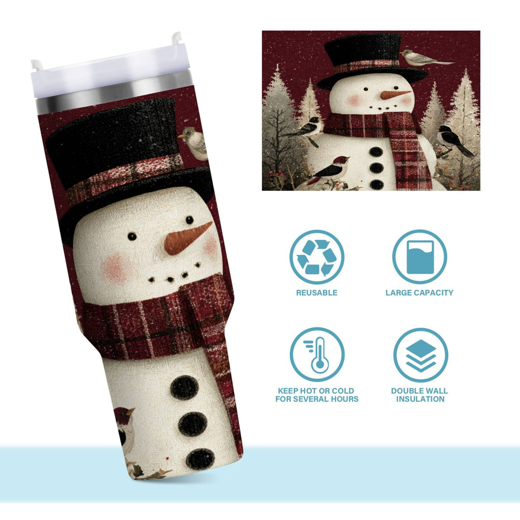 30 oz Insulated Stainless Steel Tumbler Double Wall Stainless Steel Tumbler with 2-Way Drinking Snowman and Birds FFWS