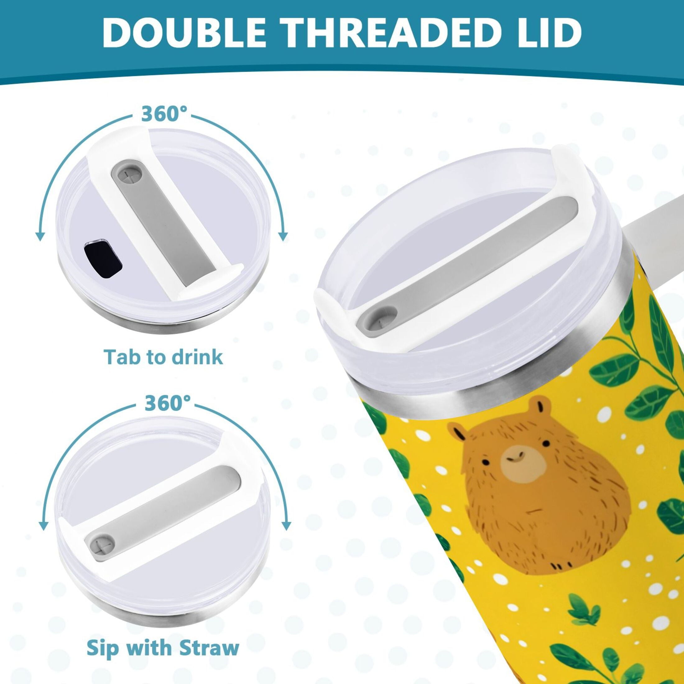 30 oz Insulated Stainless Steel Tumbler Double Wall Stainless Steel Tumbler with 2-Way Drinking Capybara and Green Leaves LZSI