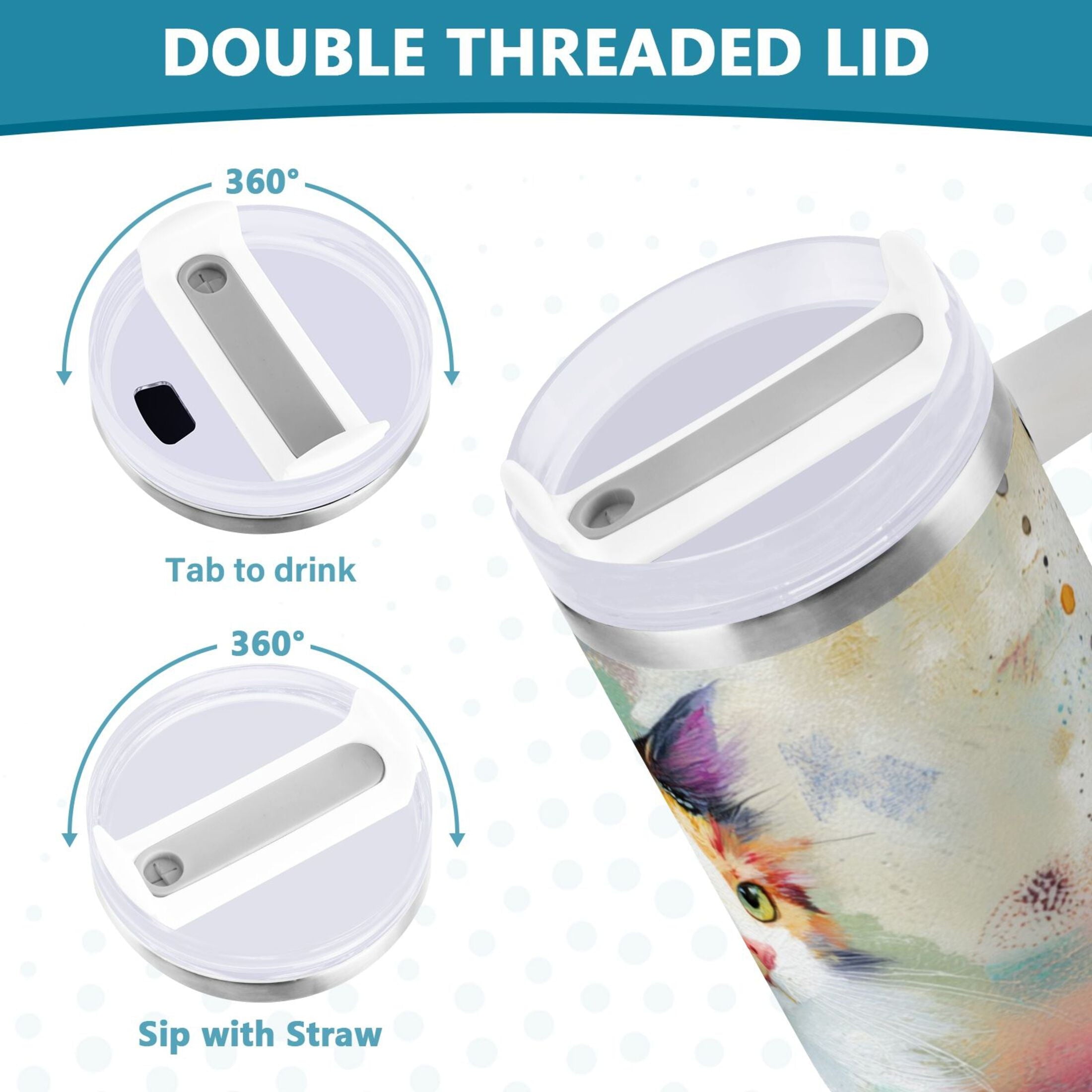 30 oz Insulated Stainless Steel Tumbler Double Wall Stainless Steel Tumbler with 2-Way Drinking Charming Hairy Cat BD42