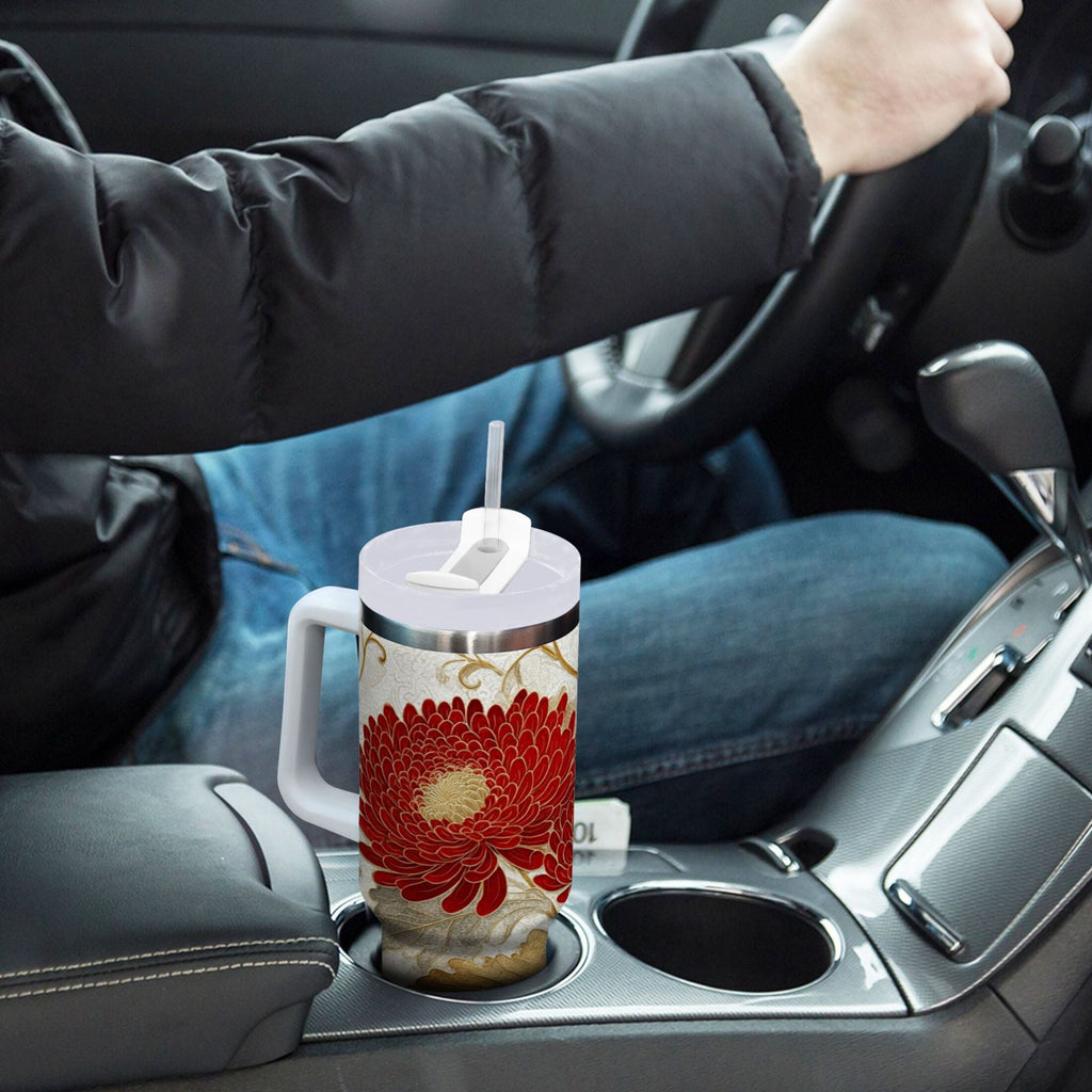 30 oz Insulated Stainless Steel Tumbler Double Wall Stainless Steel Tumbler with 2-Way Drinking Red Chrysanthemum Pattern 77N7