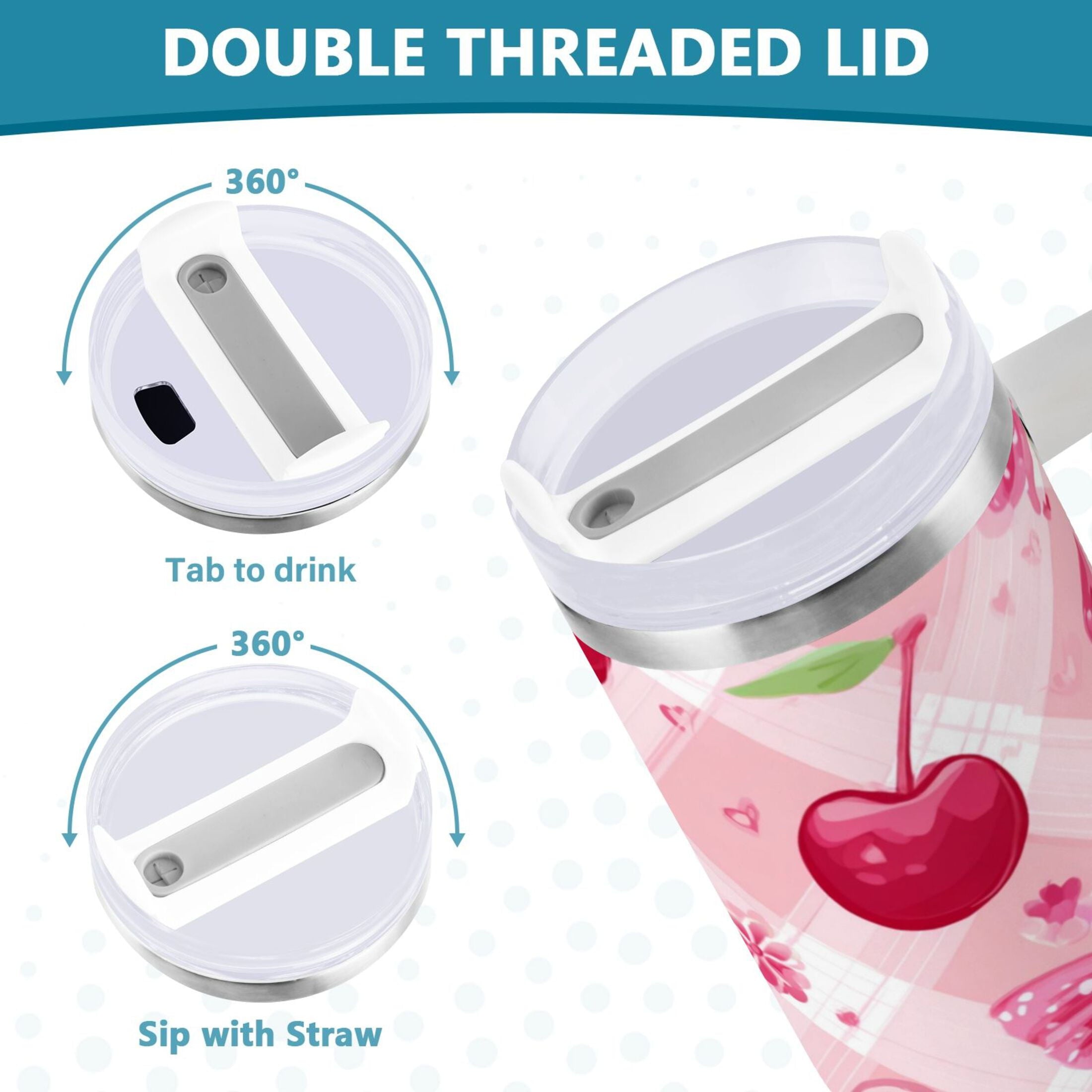 30 oz Insulated Stainless Steel Tumbler Double Wall Stainless Steel Tumbler with 2-Way Drinking Cherry and Pink Bow Pattern 25W8
