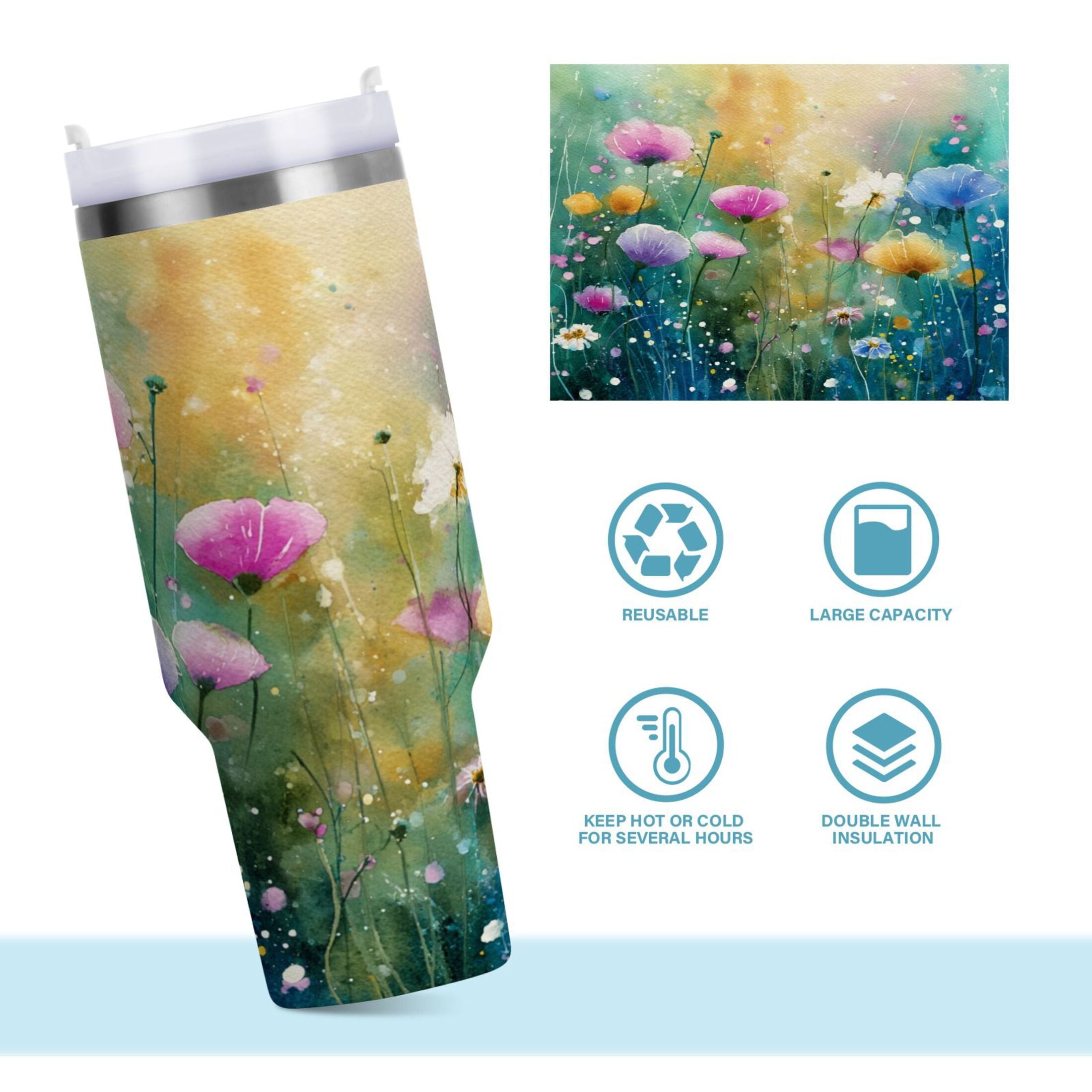 30 oz Insulated Stainless Steel Tumbler Double Wall Stainless Steel Tumbler with 2-Way Drinking Watercolor Wildflowers TQQX