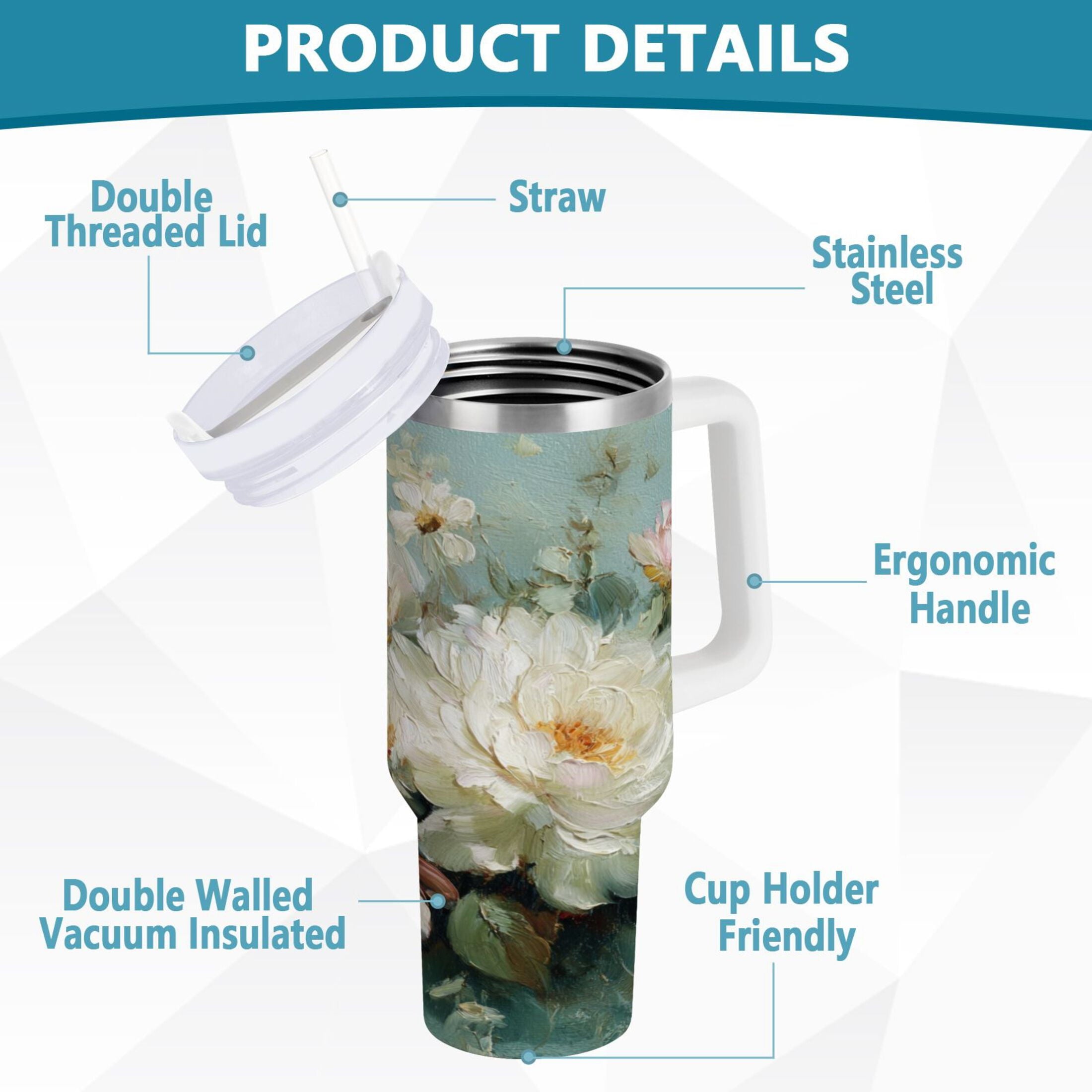 40 oz Insulated Stainless Steel Tumbler Double Wall Stainless Steel Tumbler with 2-Way Drinking Vintage Peonies and Daisies WT8H