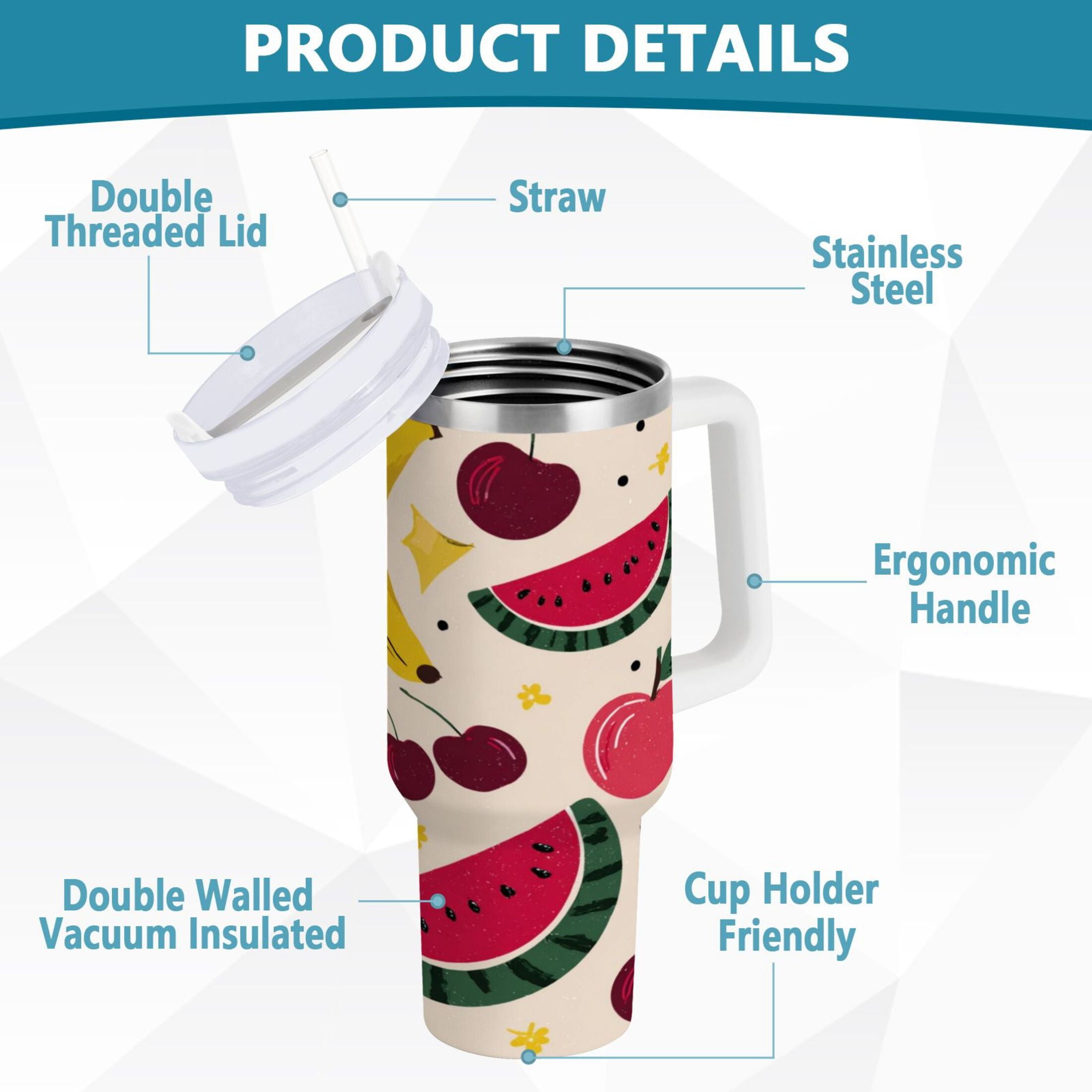 30 oz Insulated Stainless Steel Tumbler Double Wall Stainless Steel Tumbler with 2-Way Drinking Watermelon and Cherries EDV0