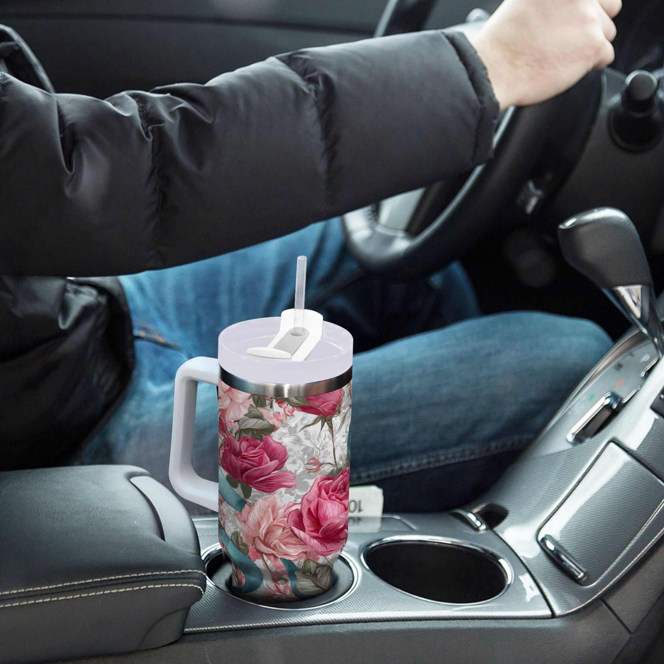 30 oz Insulated Stainless Steel Tumbler Double Wall Stainless Steel Tumbler with 2-Way Drinking Roses and Ribbons R2S9