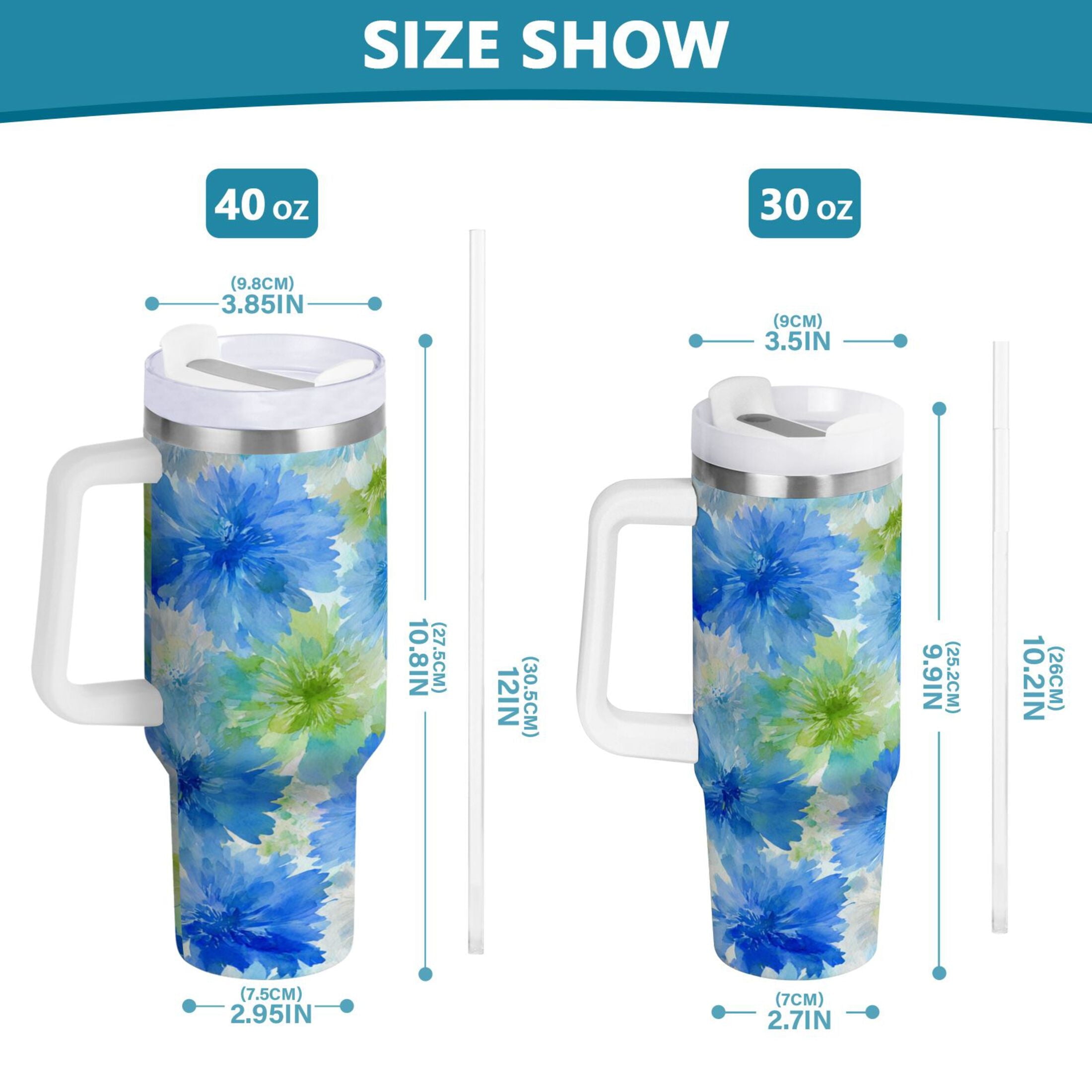 40 oz Insulated Stainless Steel Tumbler Double Wall Stainless Steel Tumbler with 2-Way Drinking Watercolor Blue Cornflowers T6OD