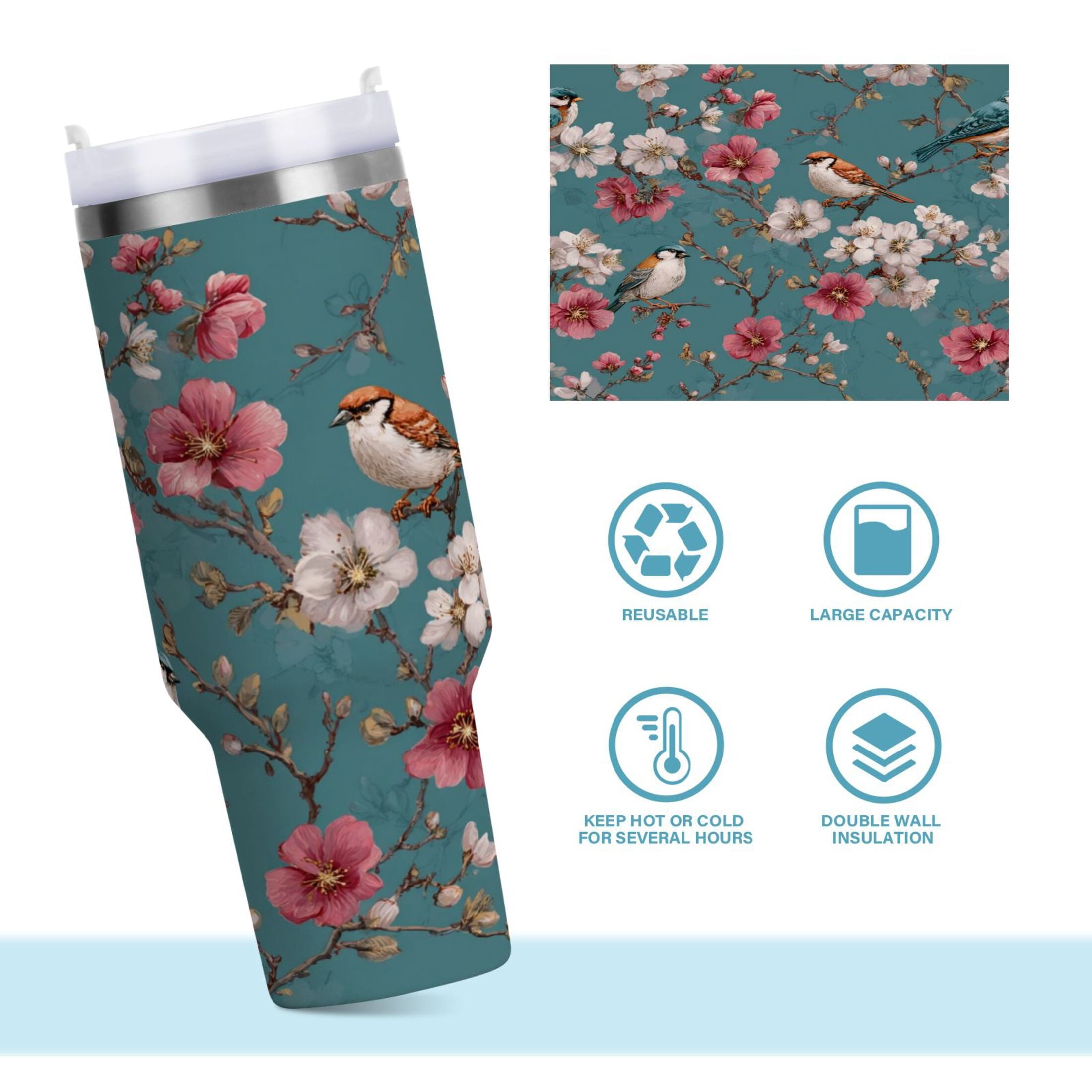 30 oz Insulated Stainless Steel Tumbler Double Wall Stainless Steel Tumbler with 2-Way Drinking Birds and Cherry Pattern S3GK