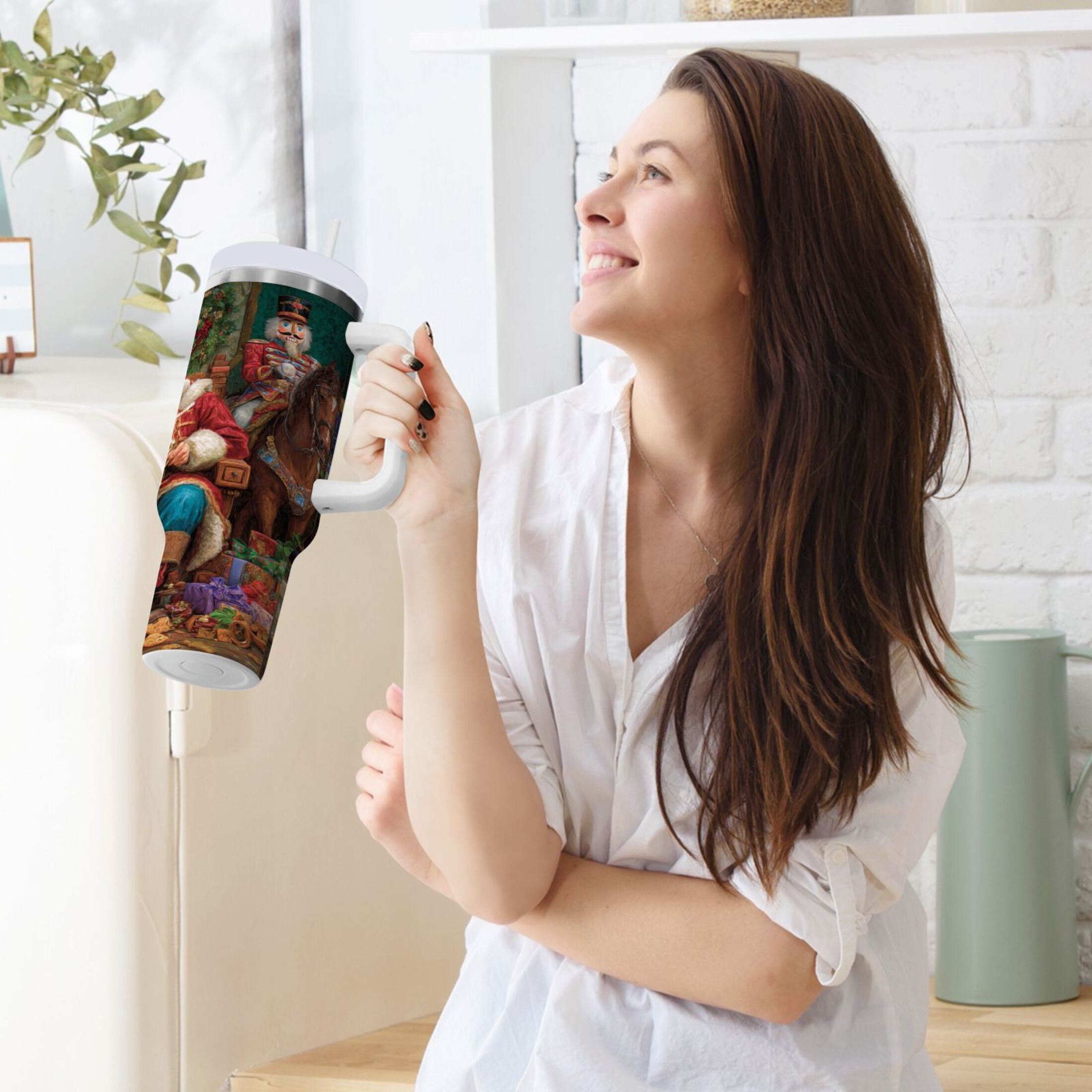 40 oz Insulated Stainless Steel Tumbler Double Wall Stainless Steel Tumbler with 2-Way Drinking Santa Eating Cookies BLL6