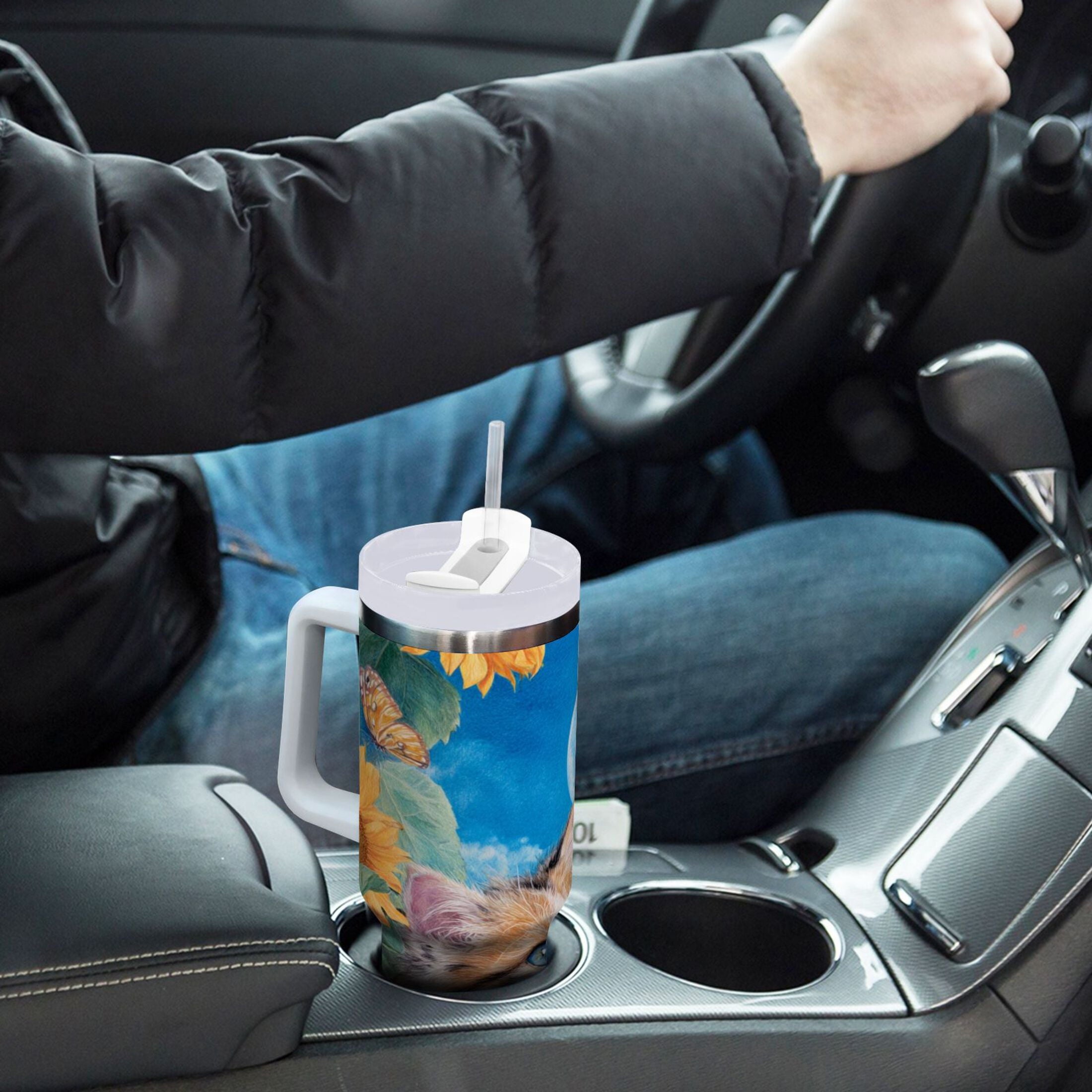 40 oz Insulated Stainless Steel Tumbler Double Wall Stainless Steel Tumbler with 2-Way Drinking Playful Cat Lying Sunflowers X733