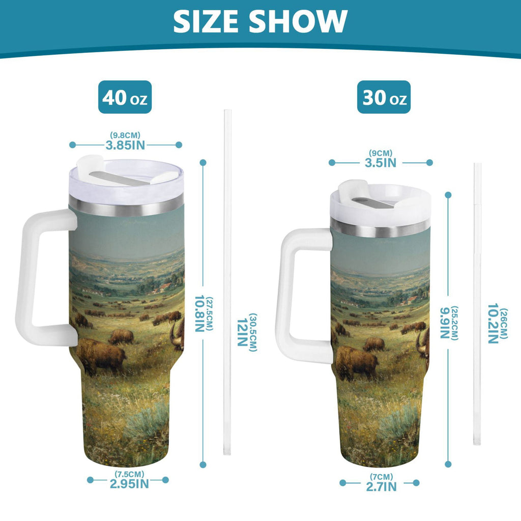 30 oz Insulated Stainless Steel Tumbler Double Wall Stainless Steel Tumbler with 2-Way Drinking Buffalo Herd Oil Painting FERM