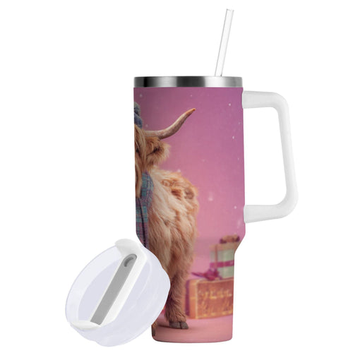 30 oz Insulated Stainless Steel Tumbler Double Wall Stainless Steel Tumbler with 2-Way Drinking Cow Wearing Christmas DVB9