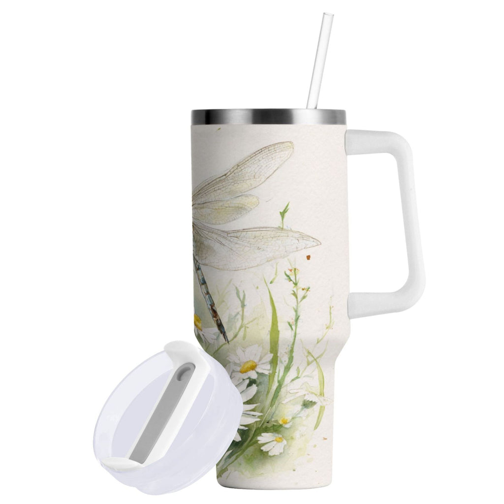 30 oz Insulated Stainless Steel Tumbler Double Wall Stainless Steel Tumbler with 2-Way Drinking Dragonflies with White Daisies B8DD