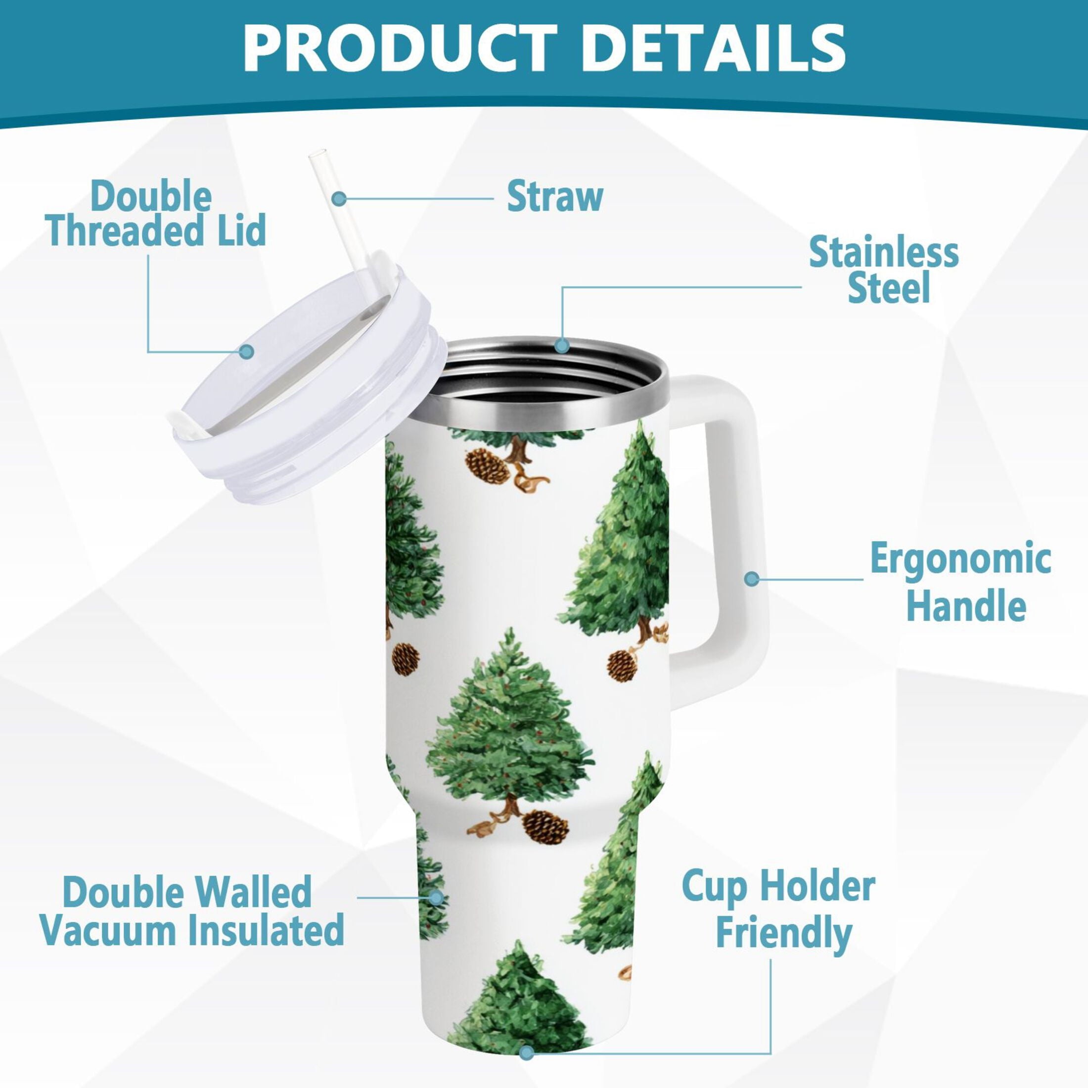 30 oz Insulated Stainless Steel Tumbler Double Wall Stainless Steel Tumbler with 2-Way Drinking Watercolor Green Christmas Tree PAN6