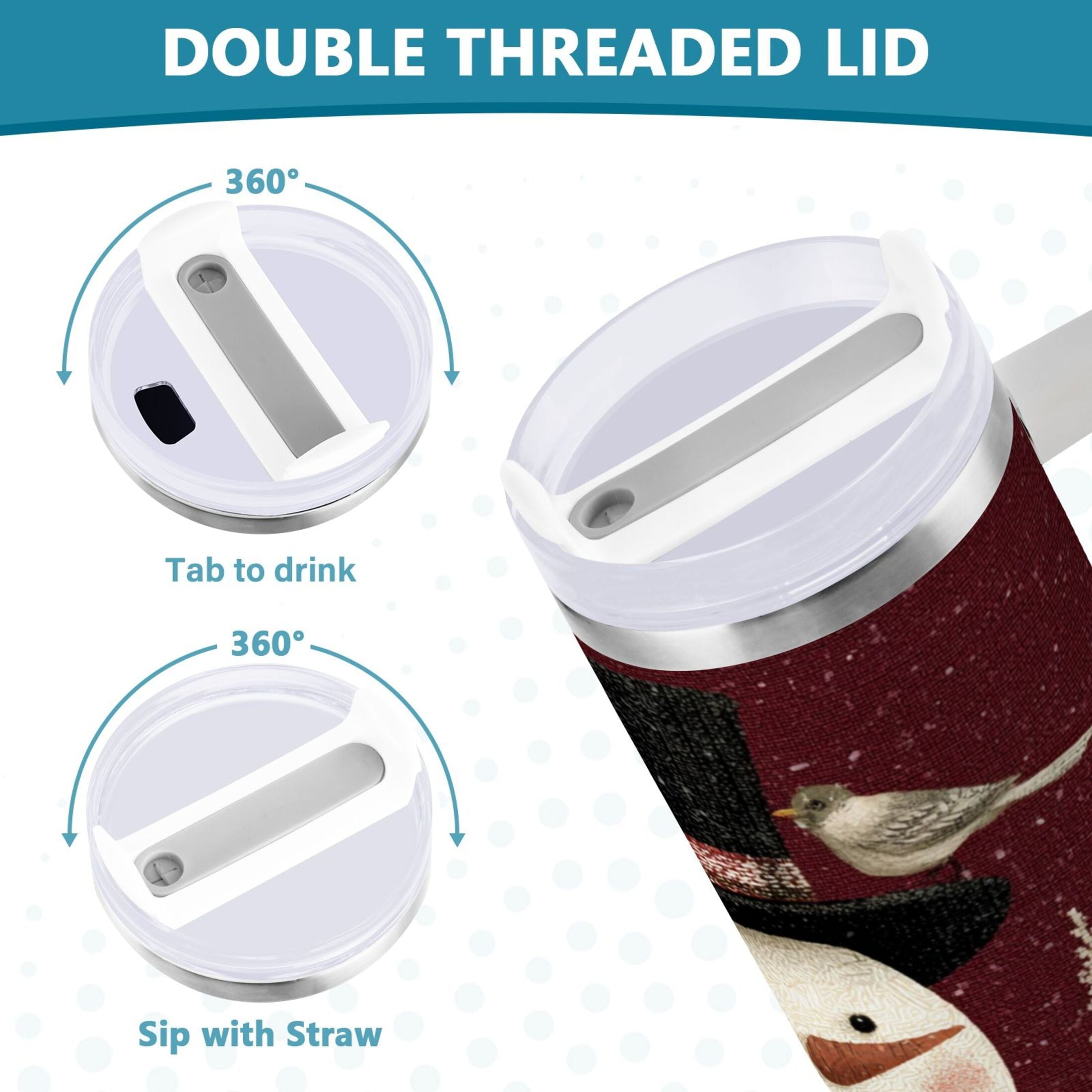 30 oz Insulated Stainless Steel Tumbler Double Wall Stainless Steel Tumbler with 2-Way Drinking Snowman and Birds FFWS