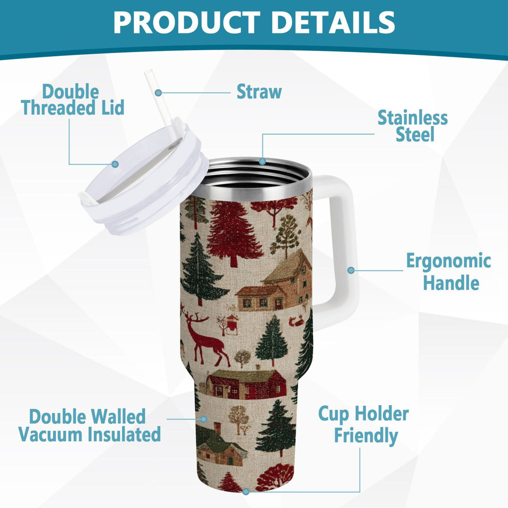 30 oz Insulated Stainless Steel Tumbler Double Wall Stainless Steel Tumbler with 2-Way Drinking Christmas Trees Deer and Houses X0JT