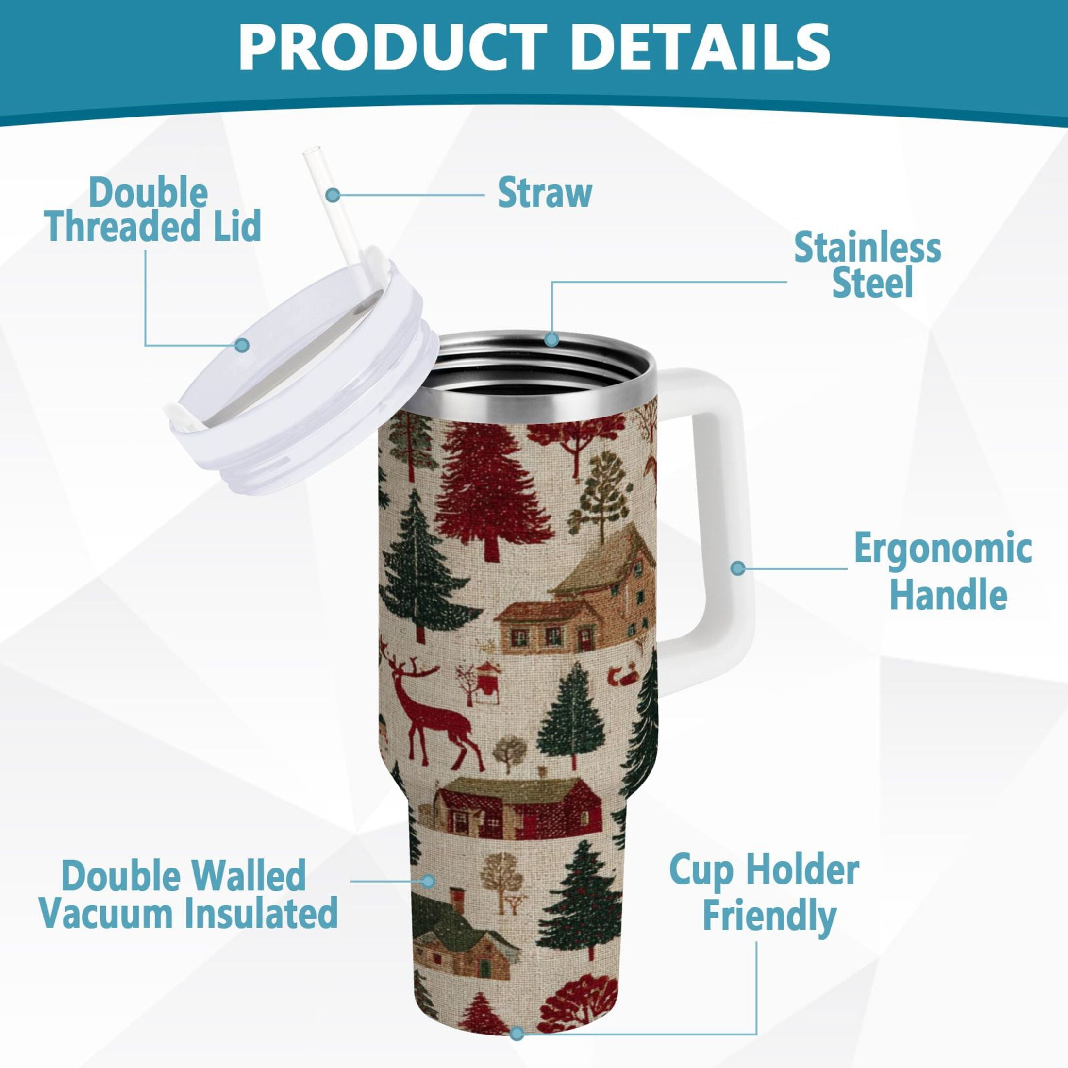30 oz Insulated Stainless Steel Tumbler Double Wall Stainless Steel Tumbler with 2-Way Drinking Christmas Trees Deer and Houses X0JT
