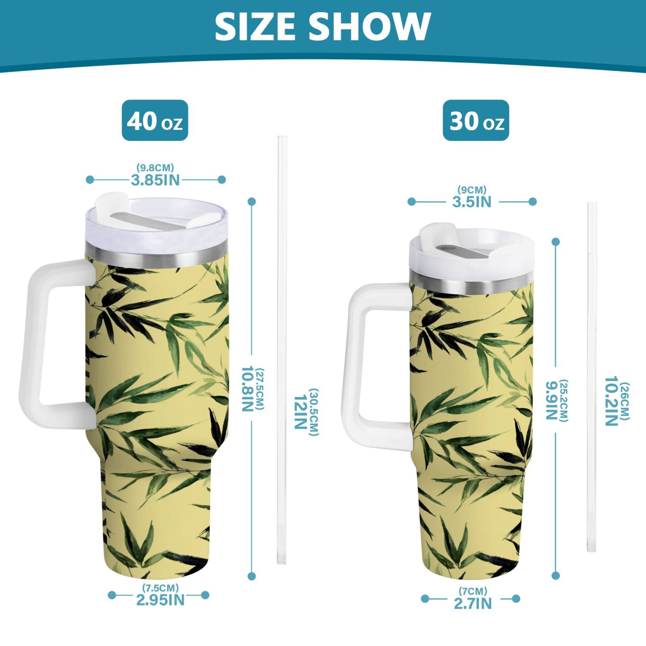 30 oz Insulated Stainless Steel Tumbler Double Wall Stainless Steel Tumbler with 2-Way Drinking Bamboo and Green Leaves ZJUZ
