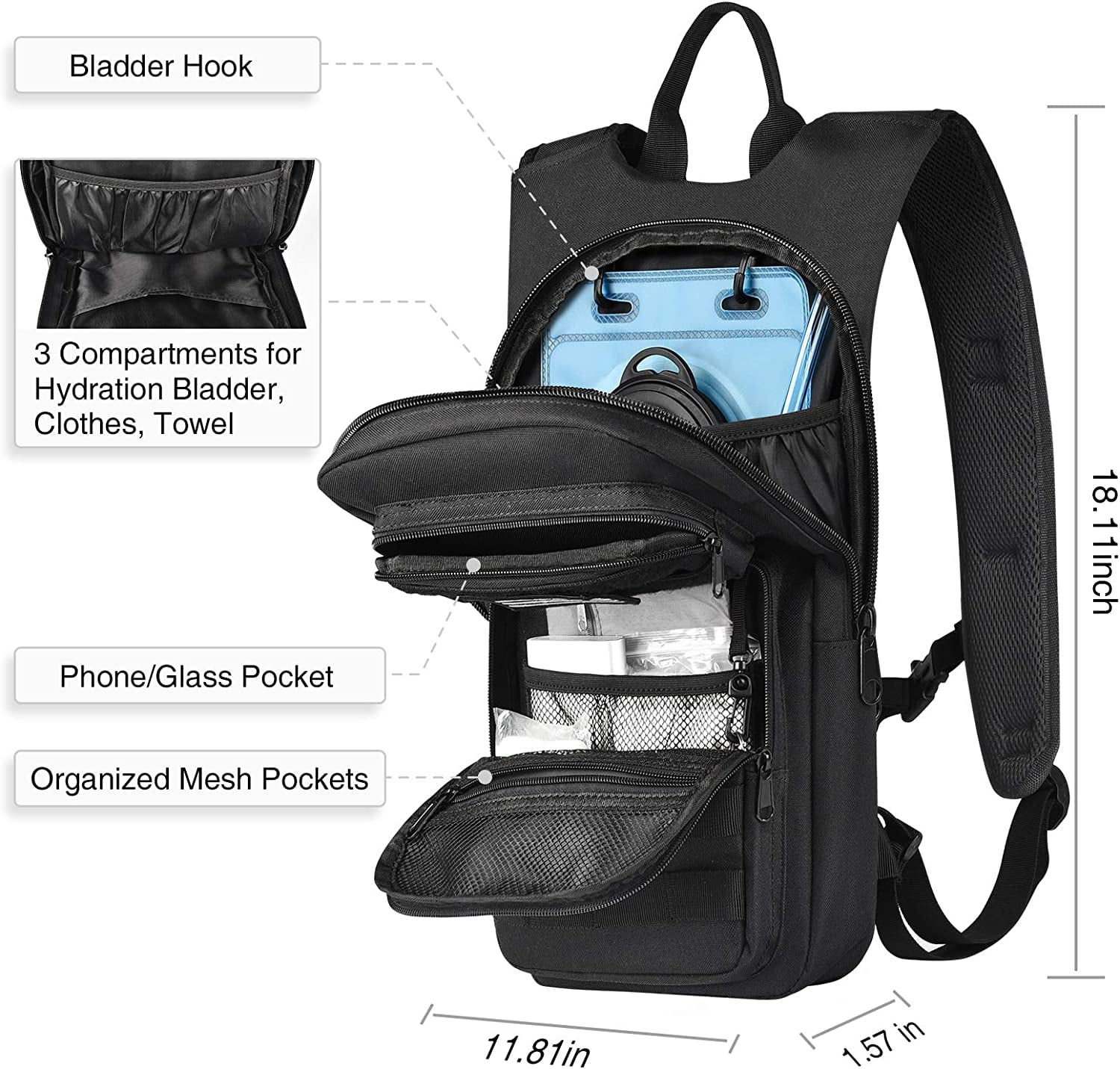 Brightify 17L Hydration Backpack with 3L TPU Water Bladder, Camel Backpack Hydration Pack for Hiking Hunting Climbing Cycling Biking Running, Molle Compatible Water Backpack for Men Women, Black LMBM